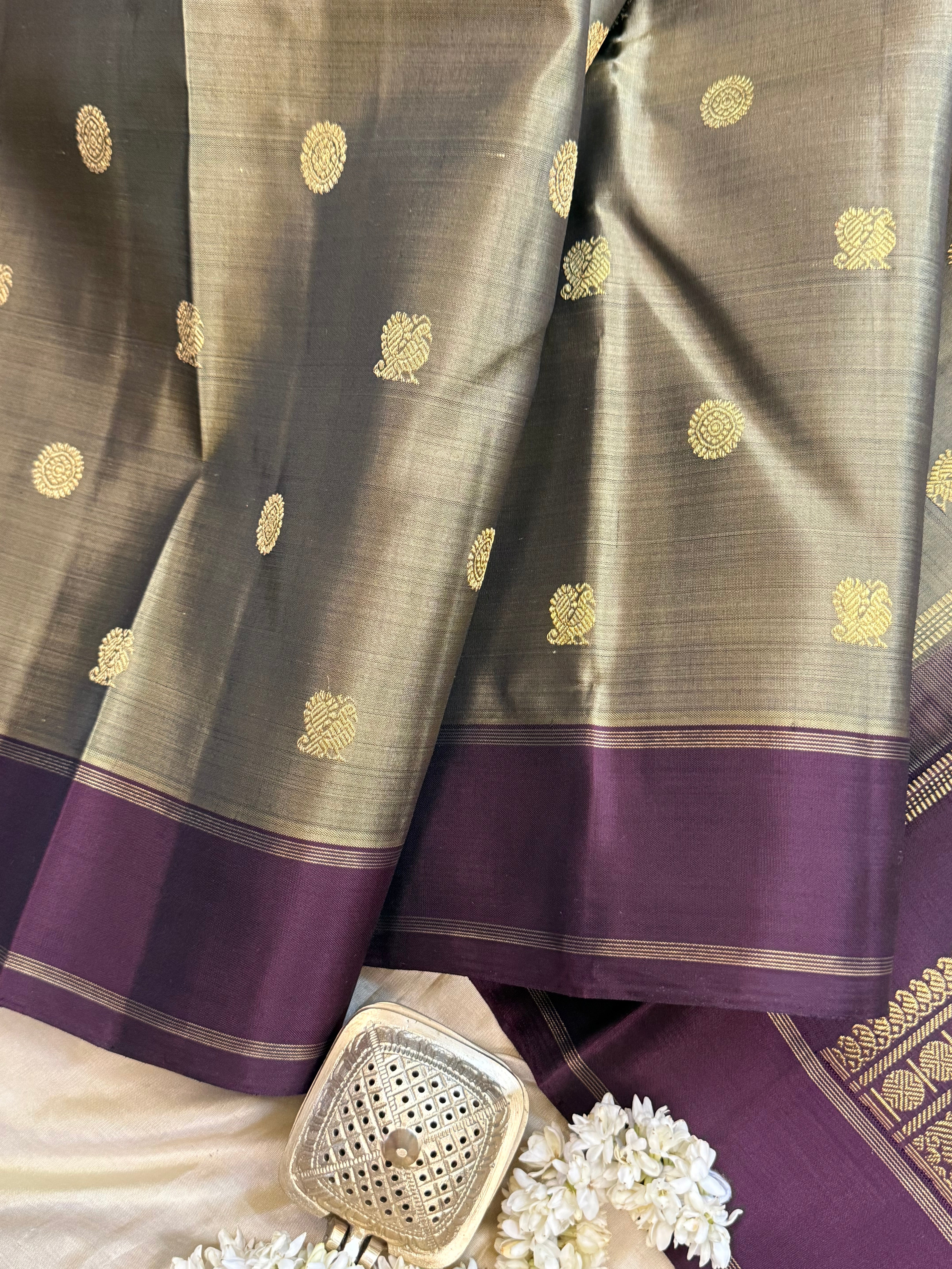 Deep olive and burgundy/ Kanjipuram silk