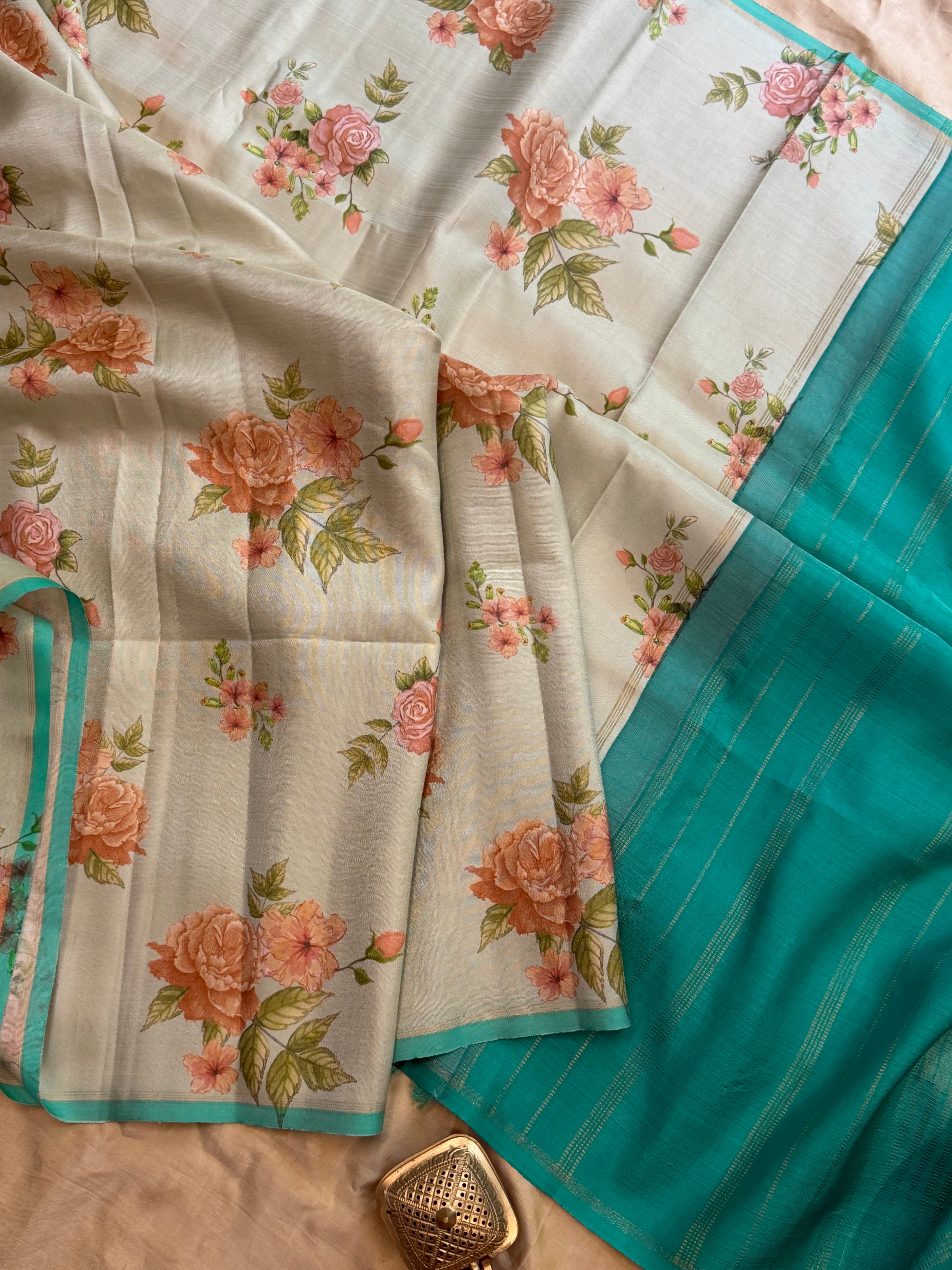 Floral digital printed / pure Zari Kanjipuram silk
