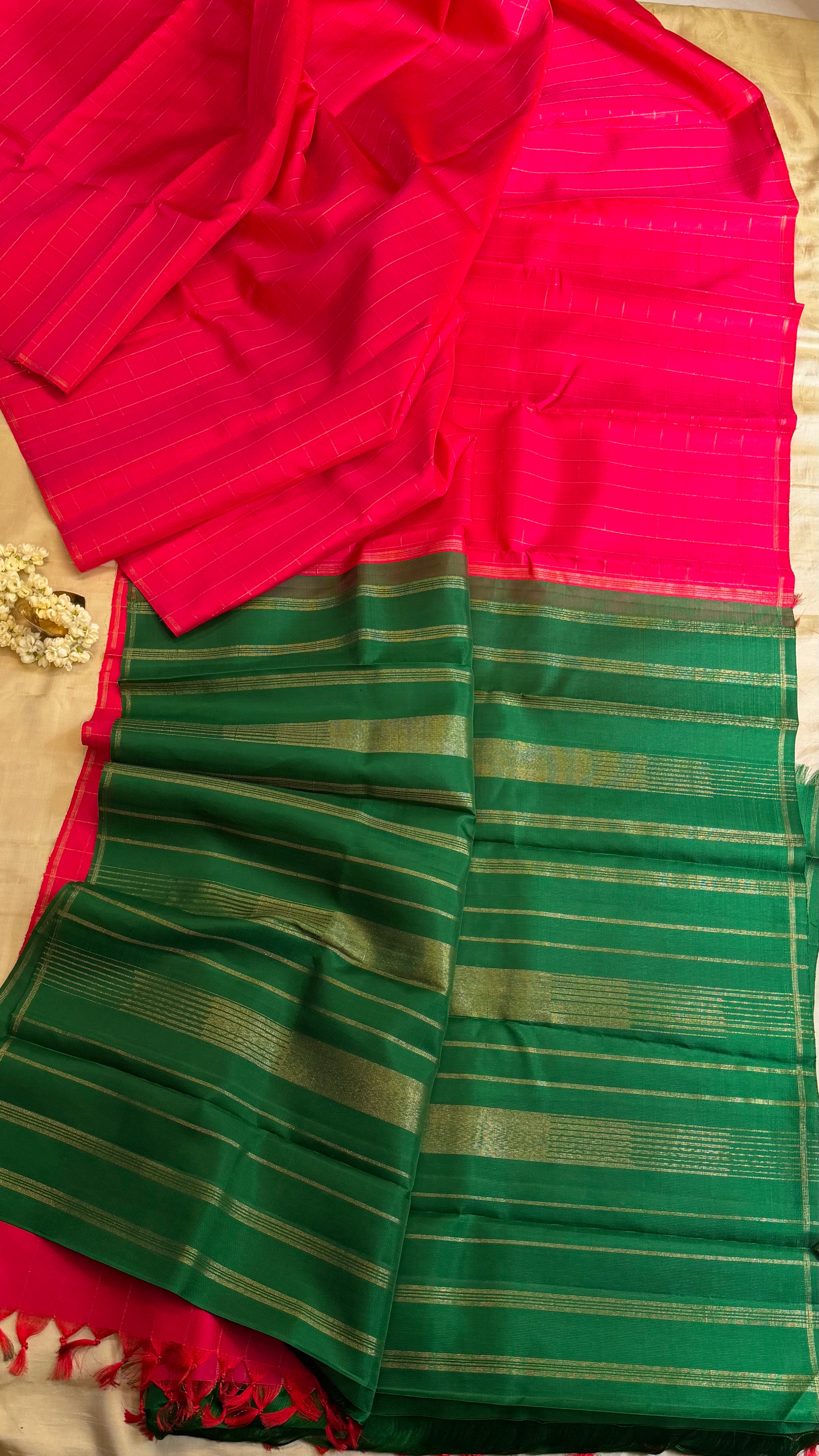 Pink kattam and green / Kanjipuram silk