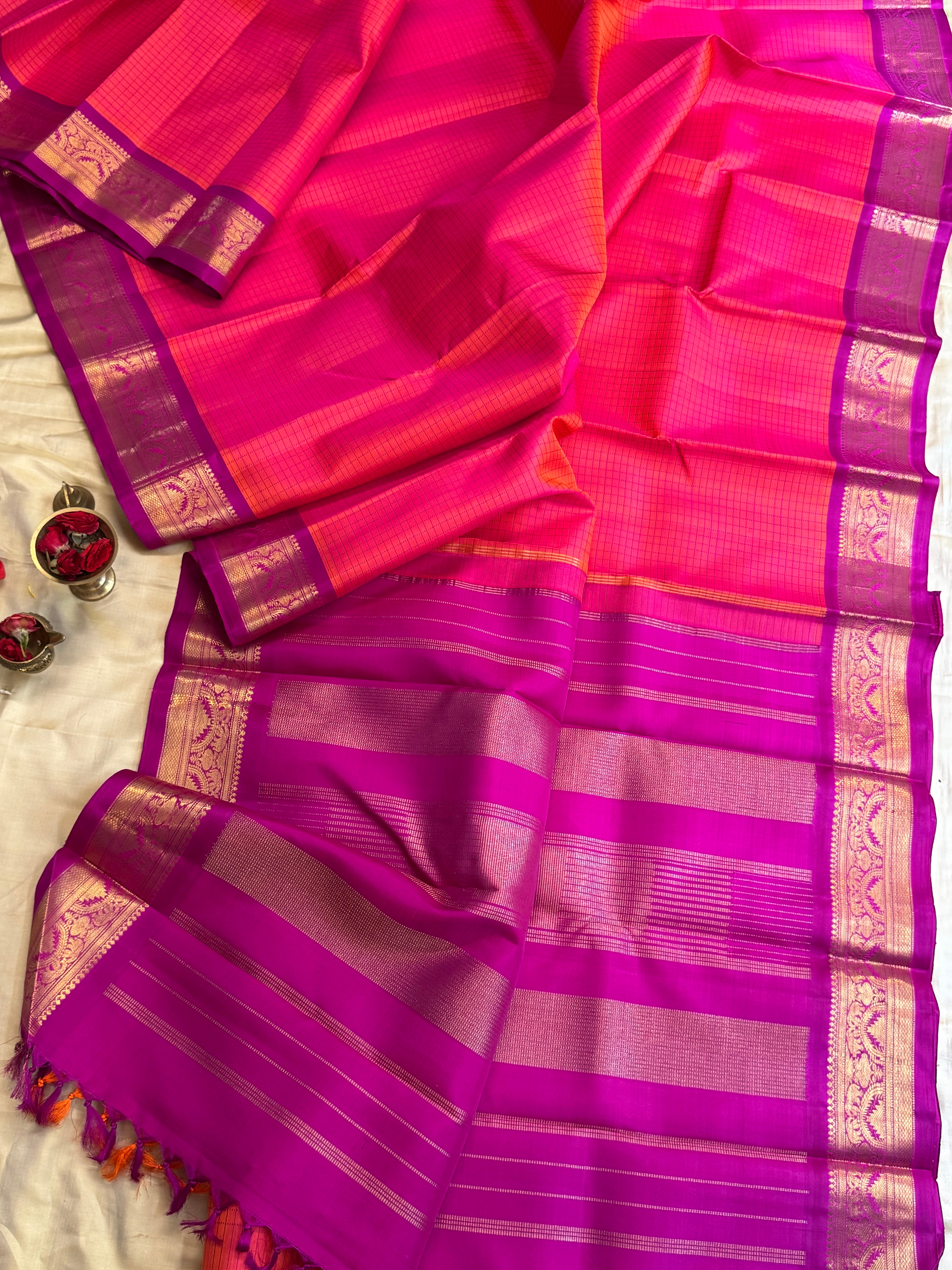 Pinkish purple checks / Kanjipuram silk