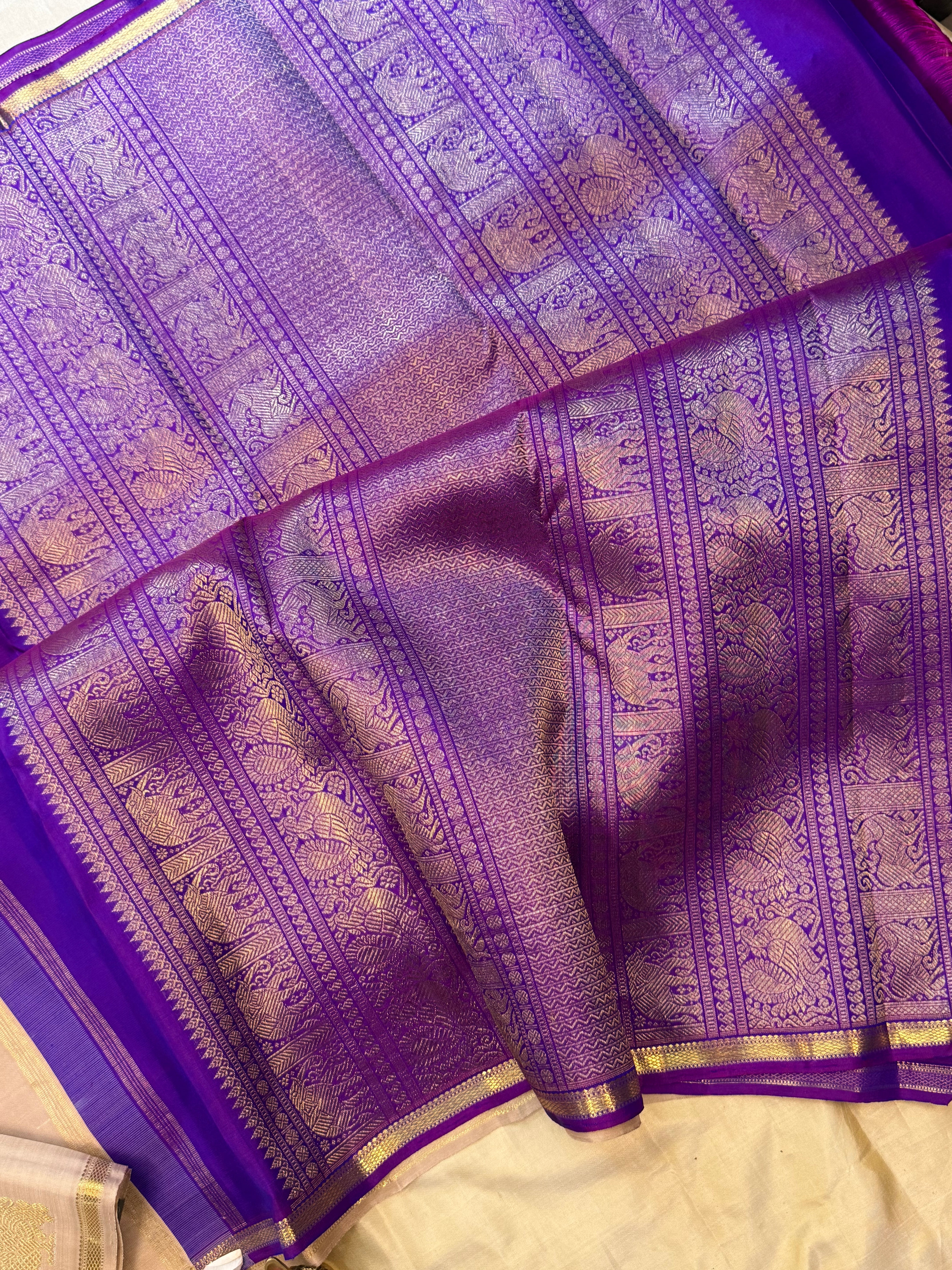 Beige bettu butta and purple/ Kanjipuram silk