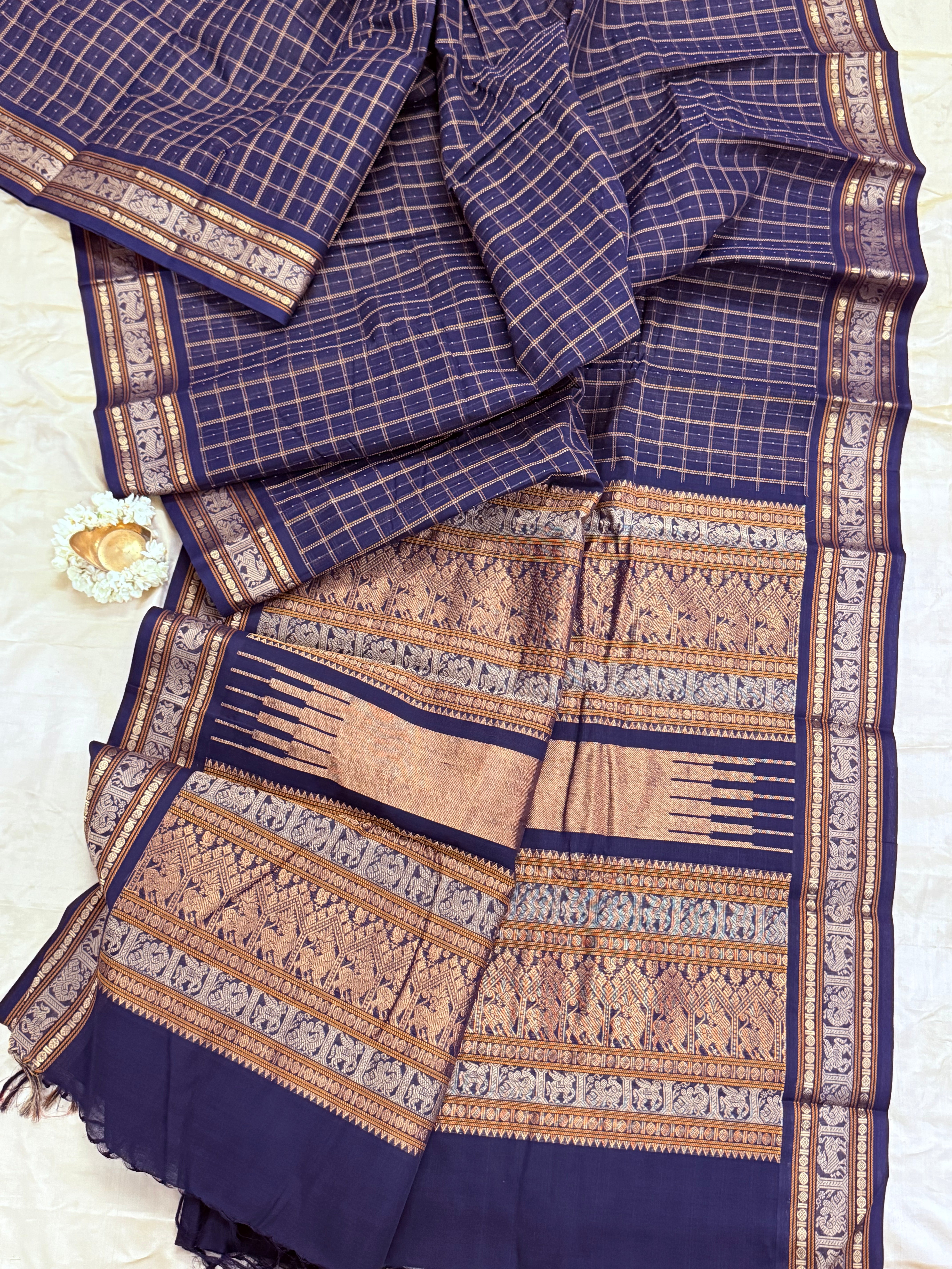 Deep blue pooja butta checks / Kanchi Cotton