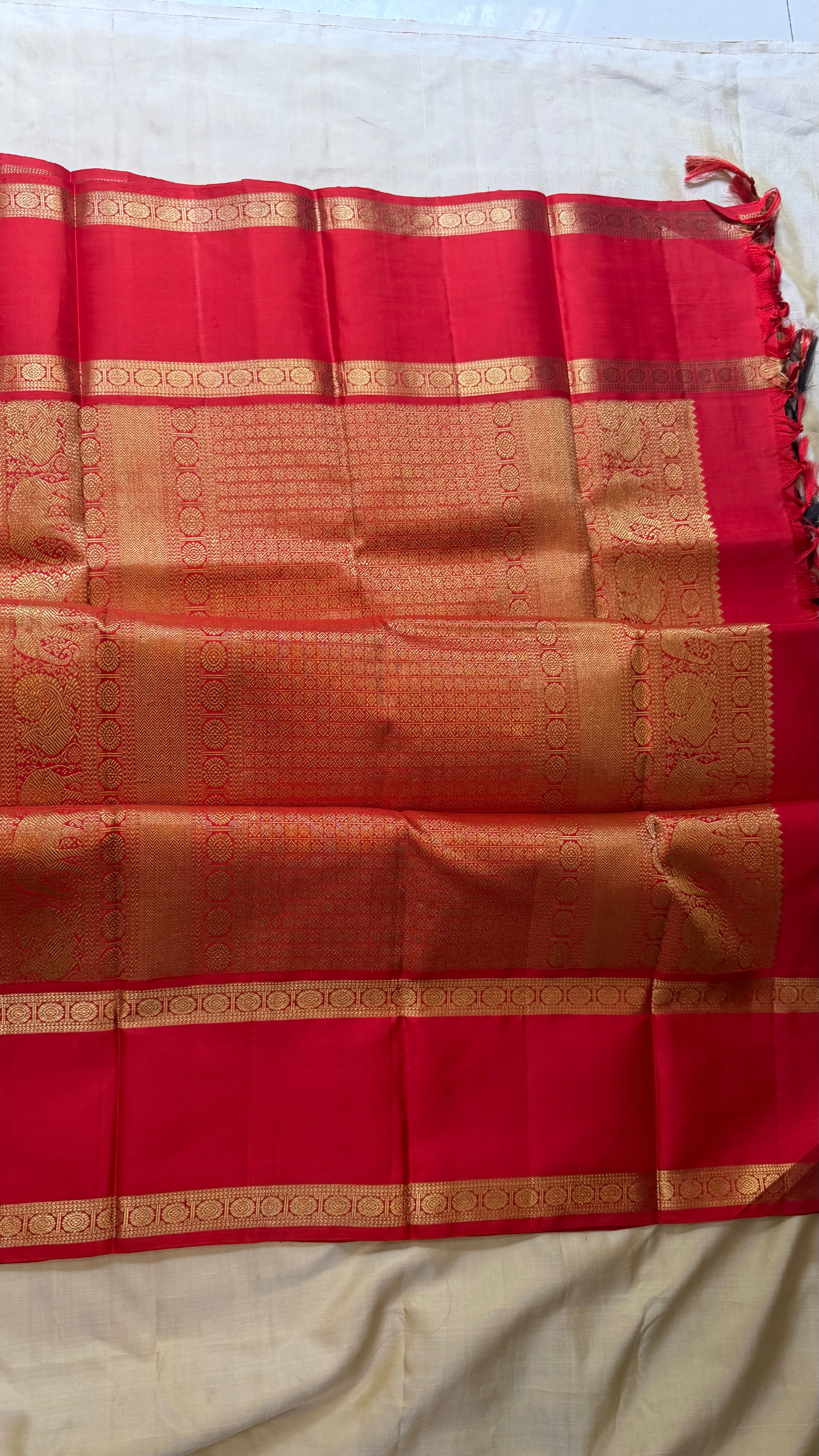 Purplish shot blue and red rettapet border kai korvai/ Kanjipuram Silk