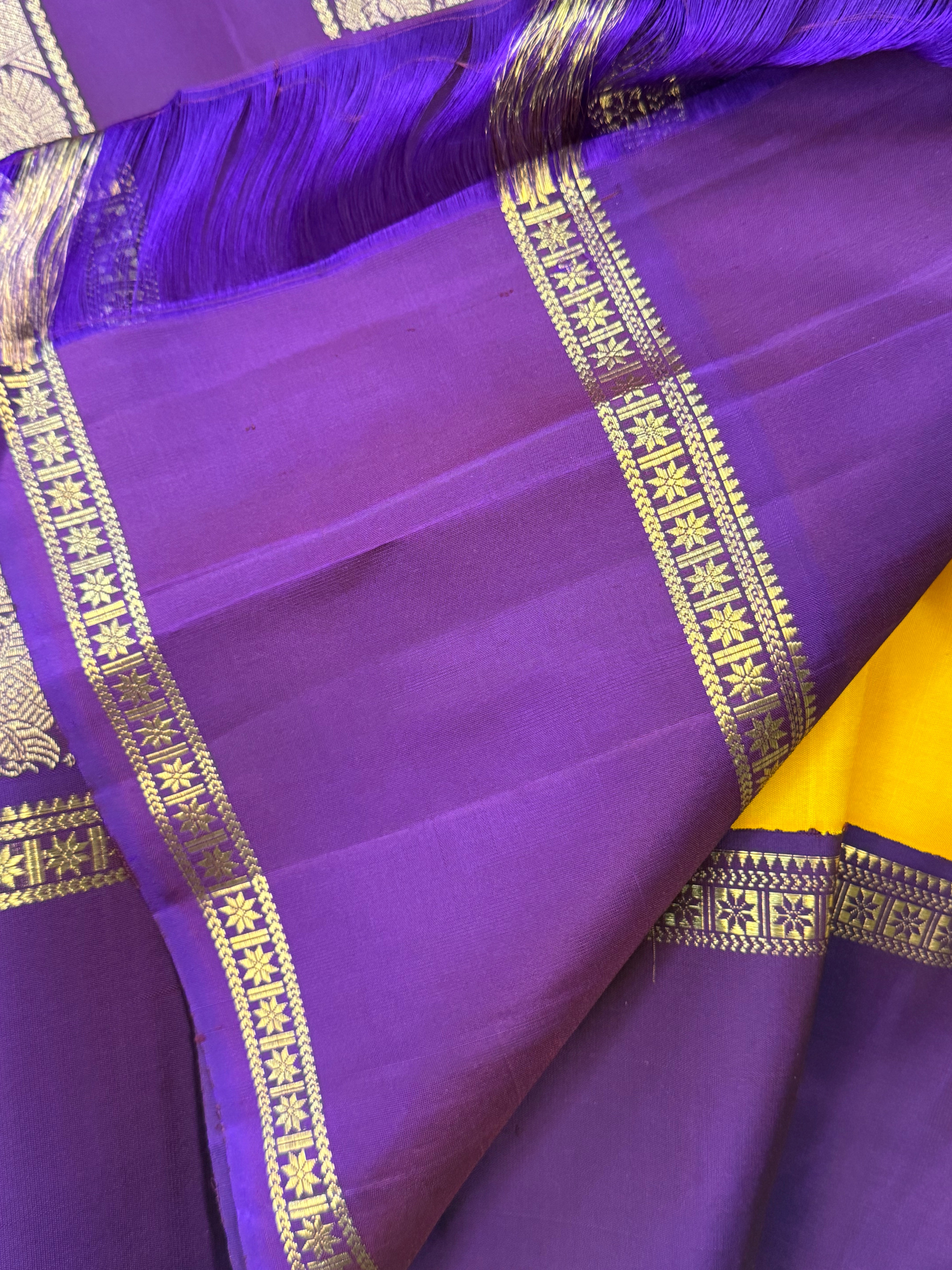 Manjal and purple rettapet border kai korvai/ Kanjipuram silk