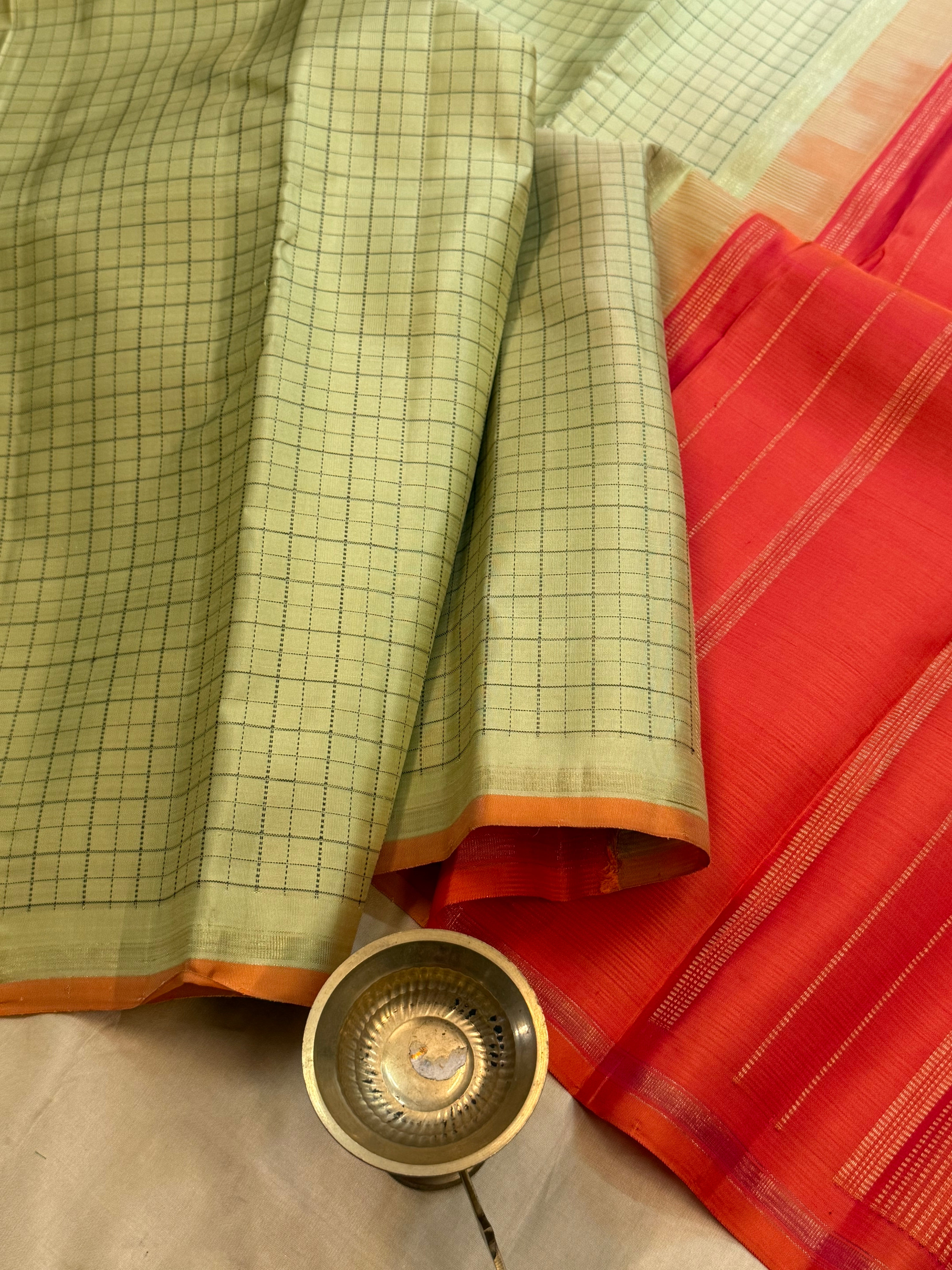 Pista green kattam and orange / Kanjipuram silk