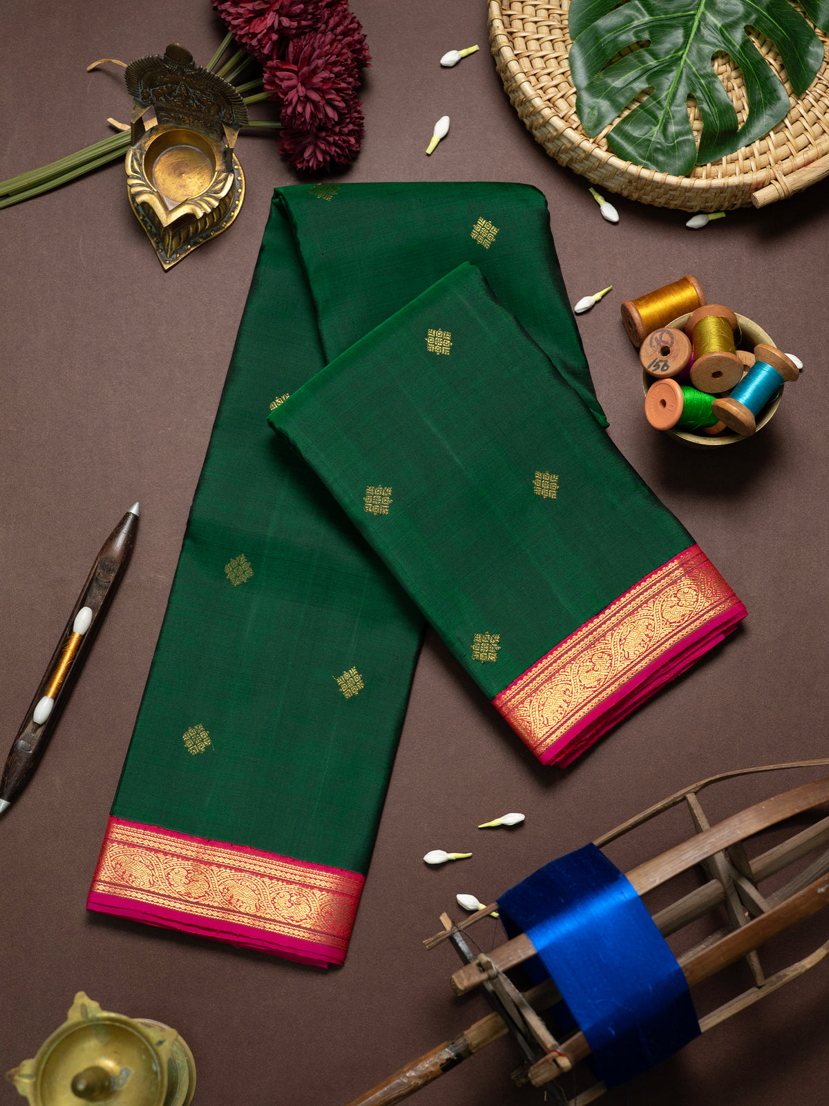 Dark green small border Korvai Kanjipuram Silk Saree CLSA11317