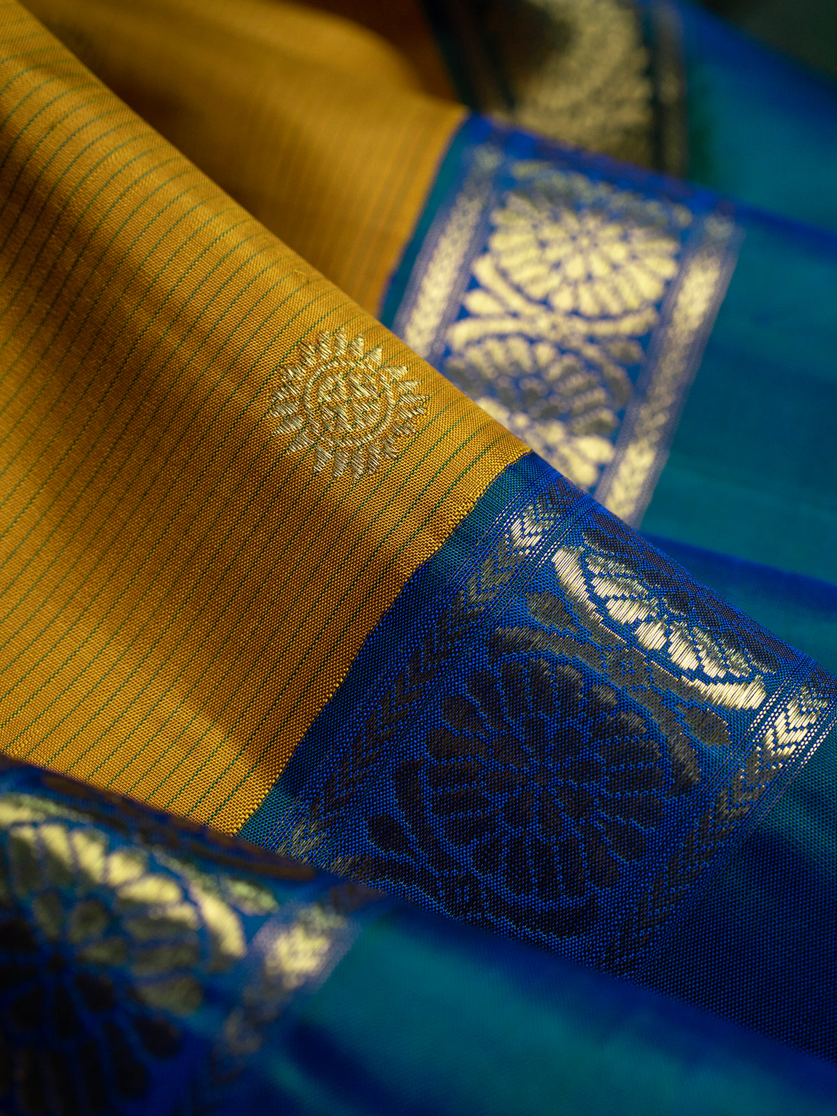 Mustard and teal blue rettapet border kai korvai/ Kanjipuram Silk Saree CLSA6084
