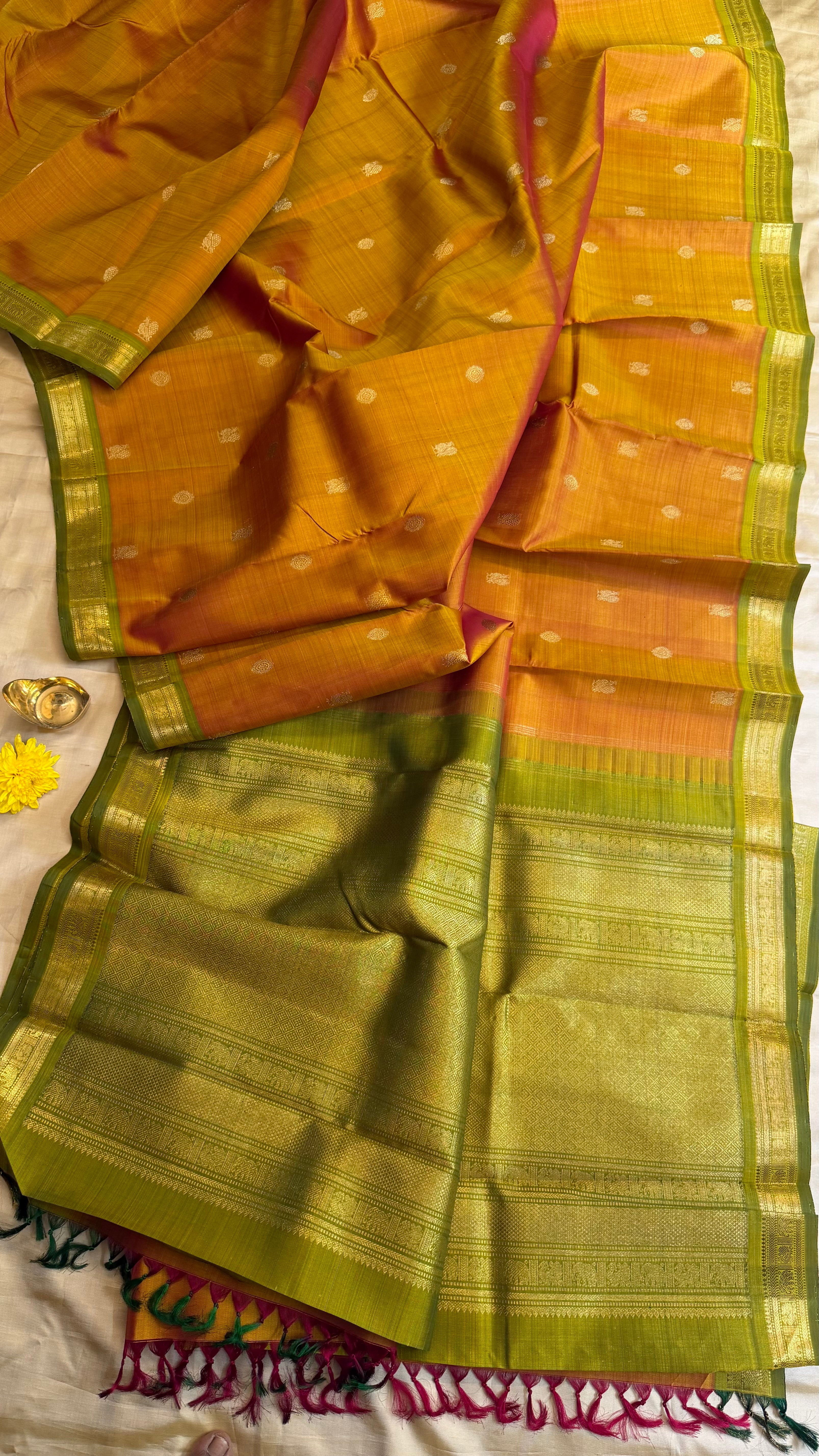 Golden mustard and green small border/ Kanjipuram Silk