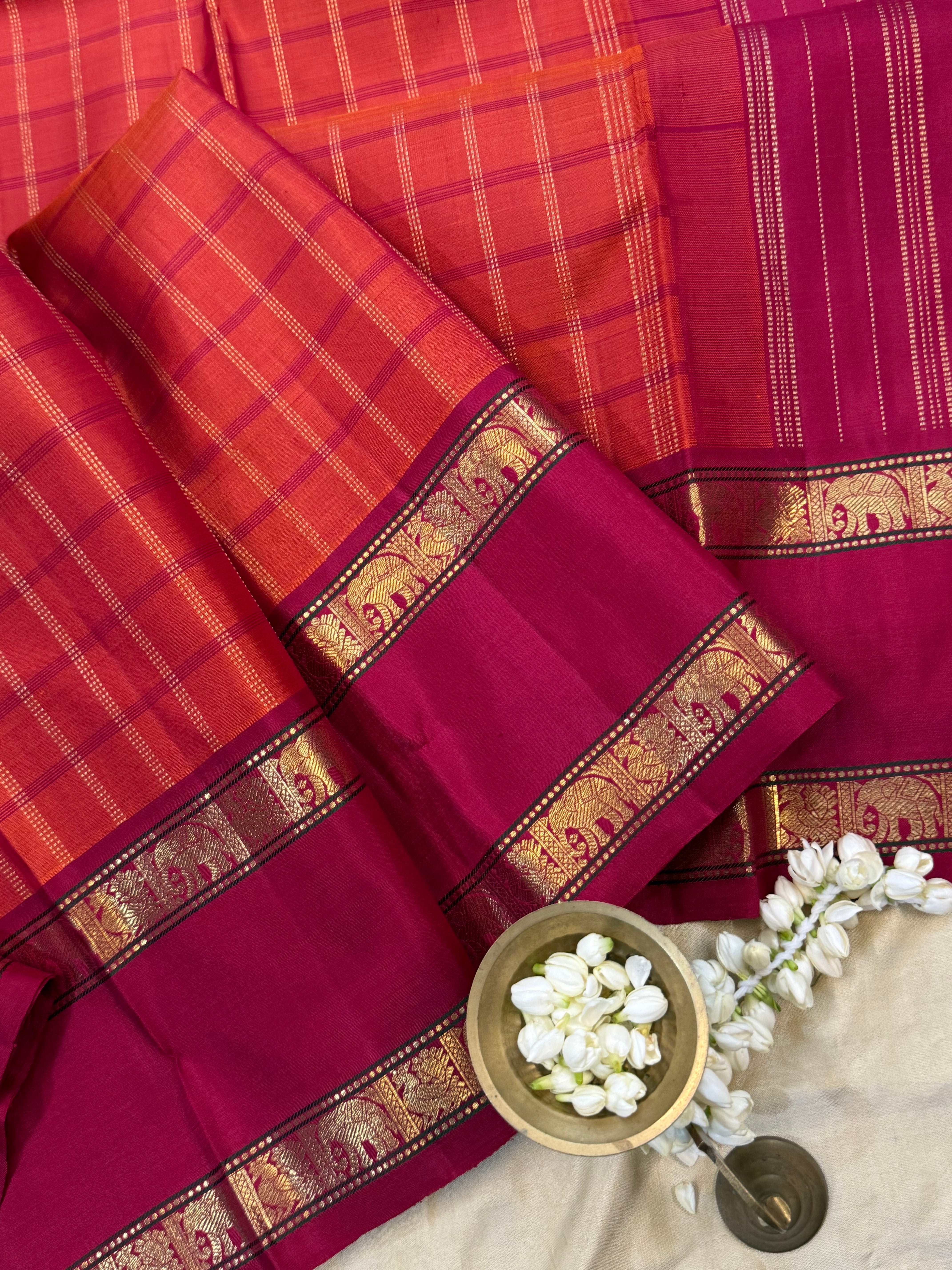 Rustic orange and Red kattam rettapet border/ Kanjipuram silk