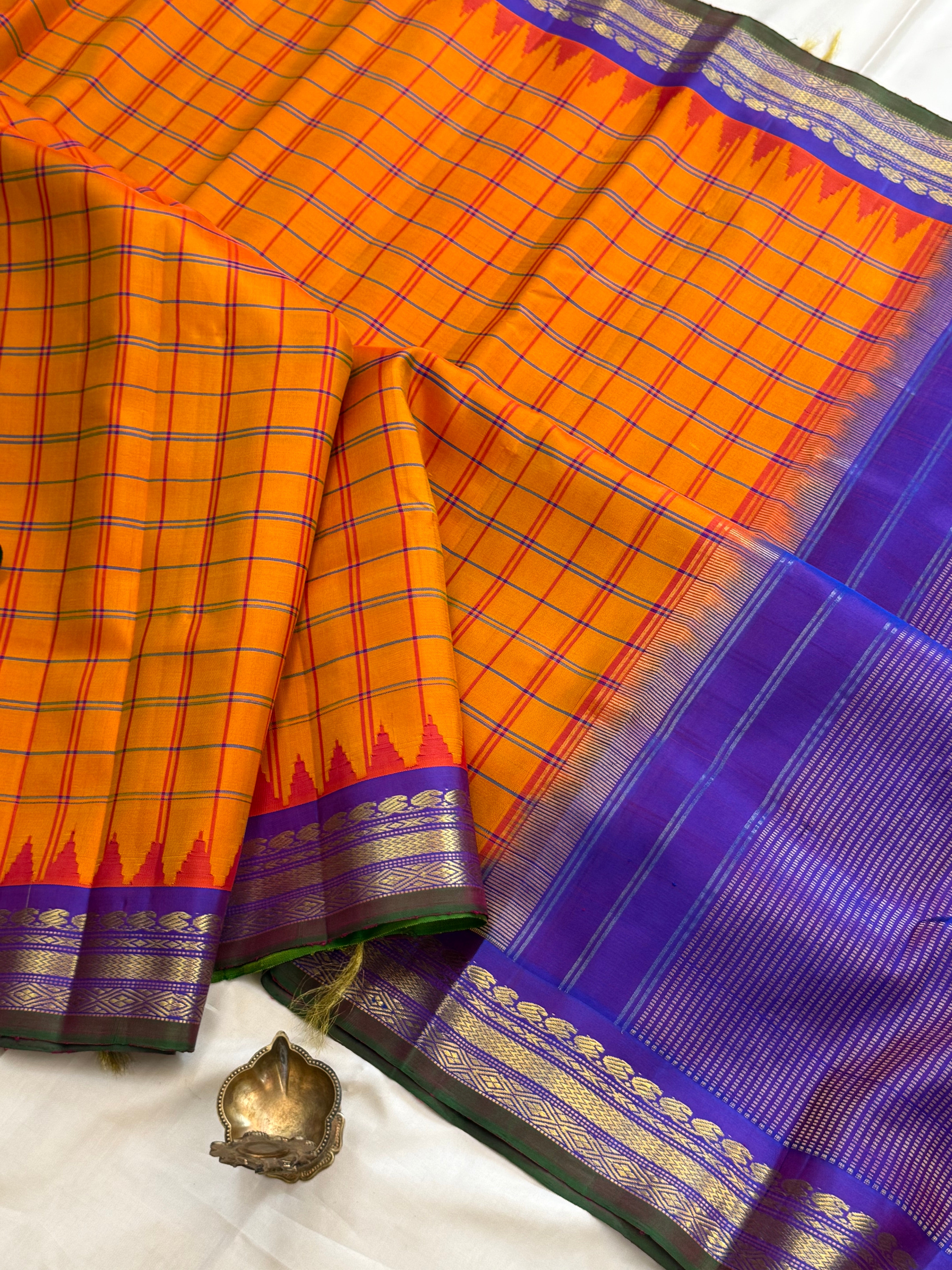 Mango yellow body checks with purple border/ Gadwal silk CLSA11287