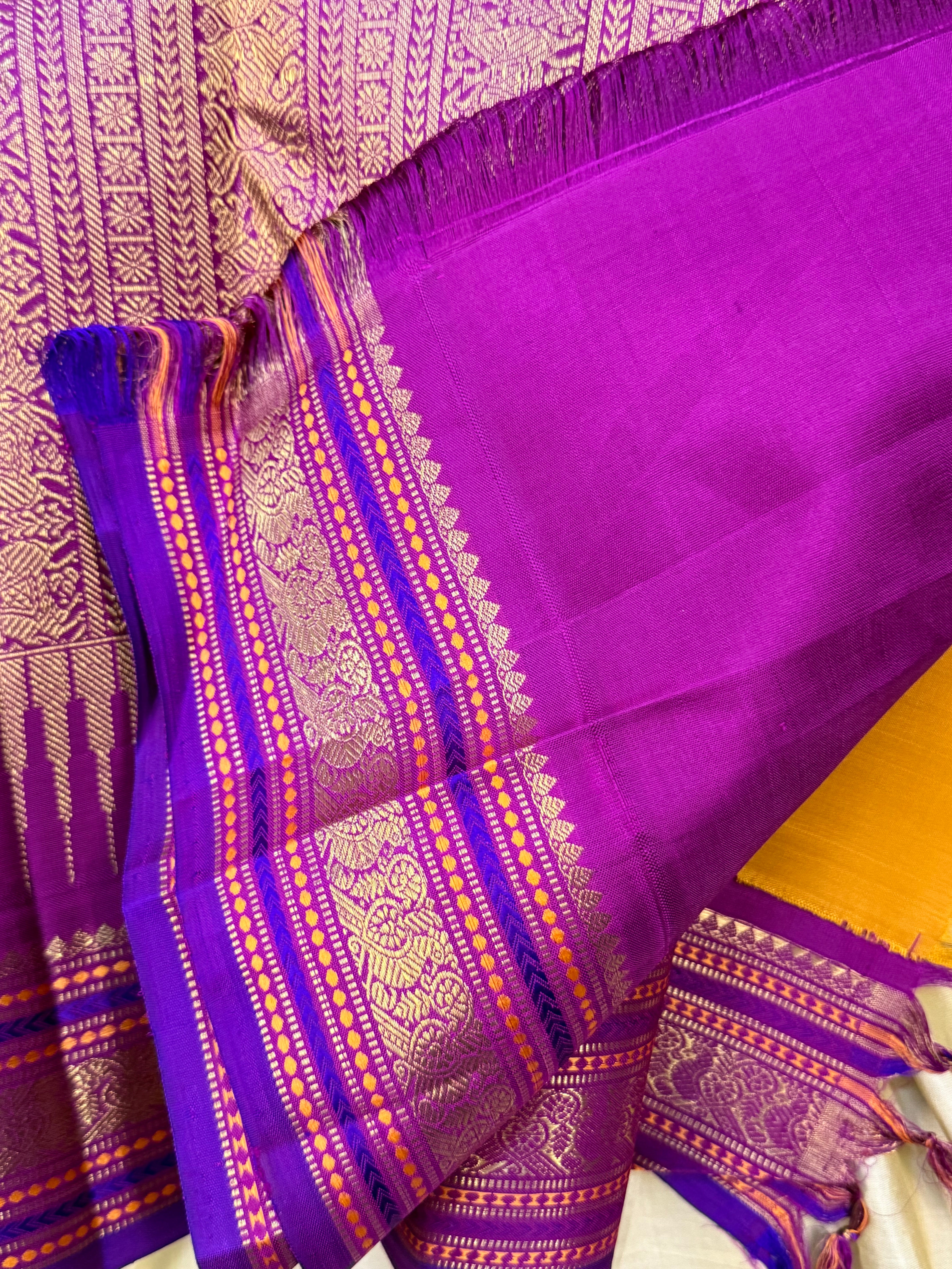 Mustard yellow and purple kai korvai/ Kanjipuram silk