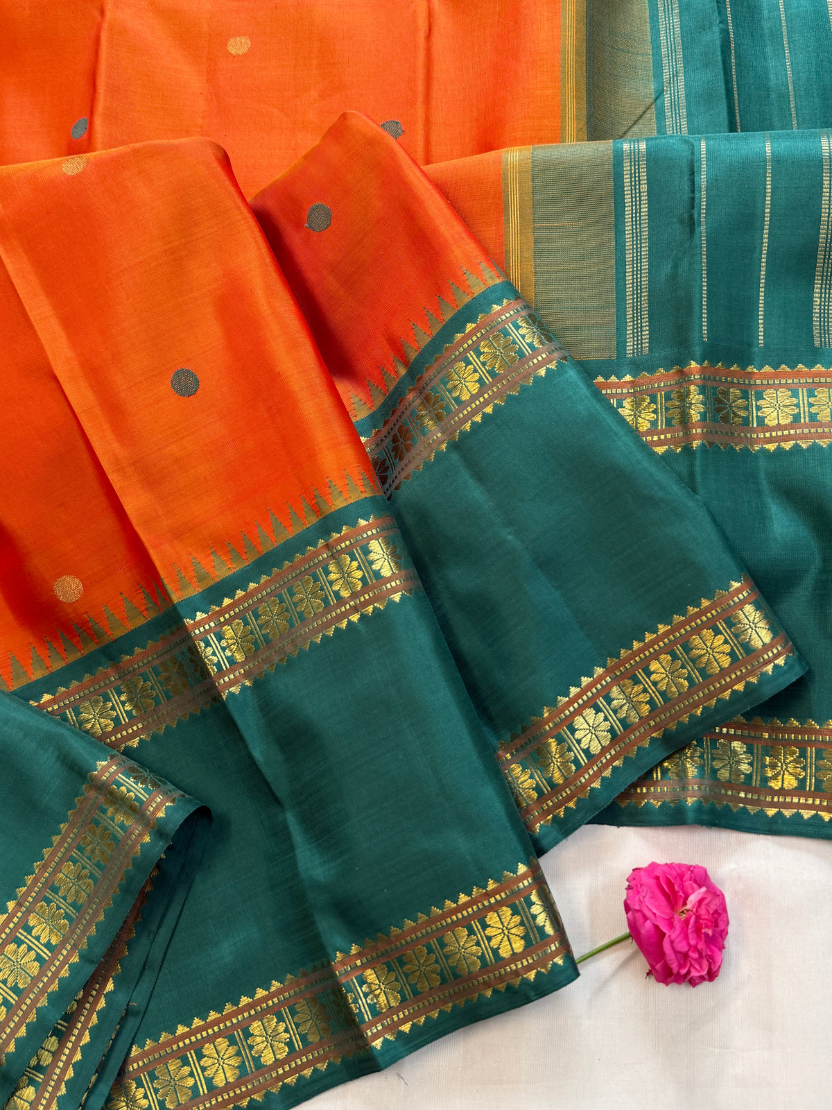 Rustic orange coin thread and zari butta on body with Retta pet / Kanjipuram silk CLSA11599
