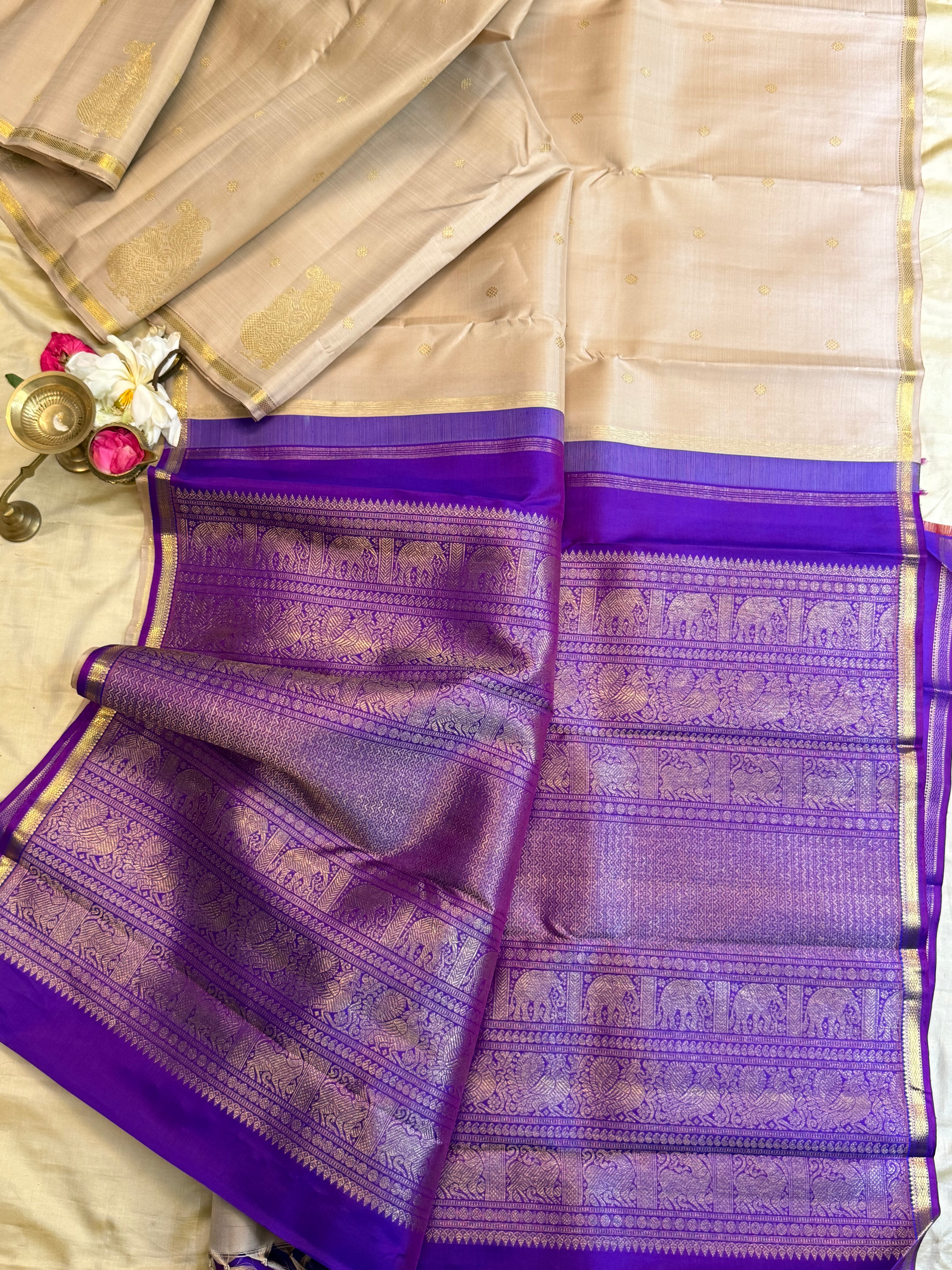 Beige bettu butta and purple/ Kanjipuram silk