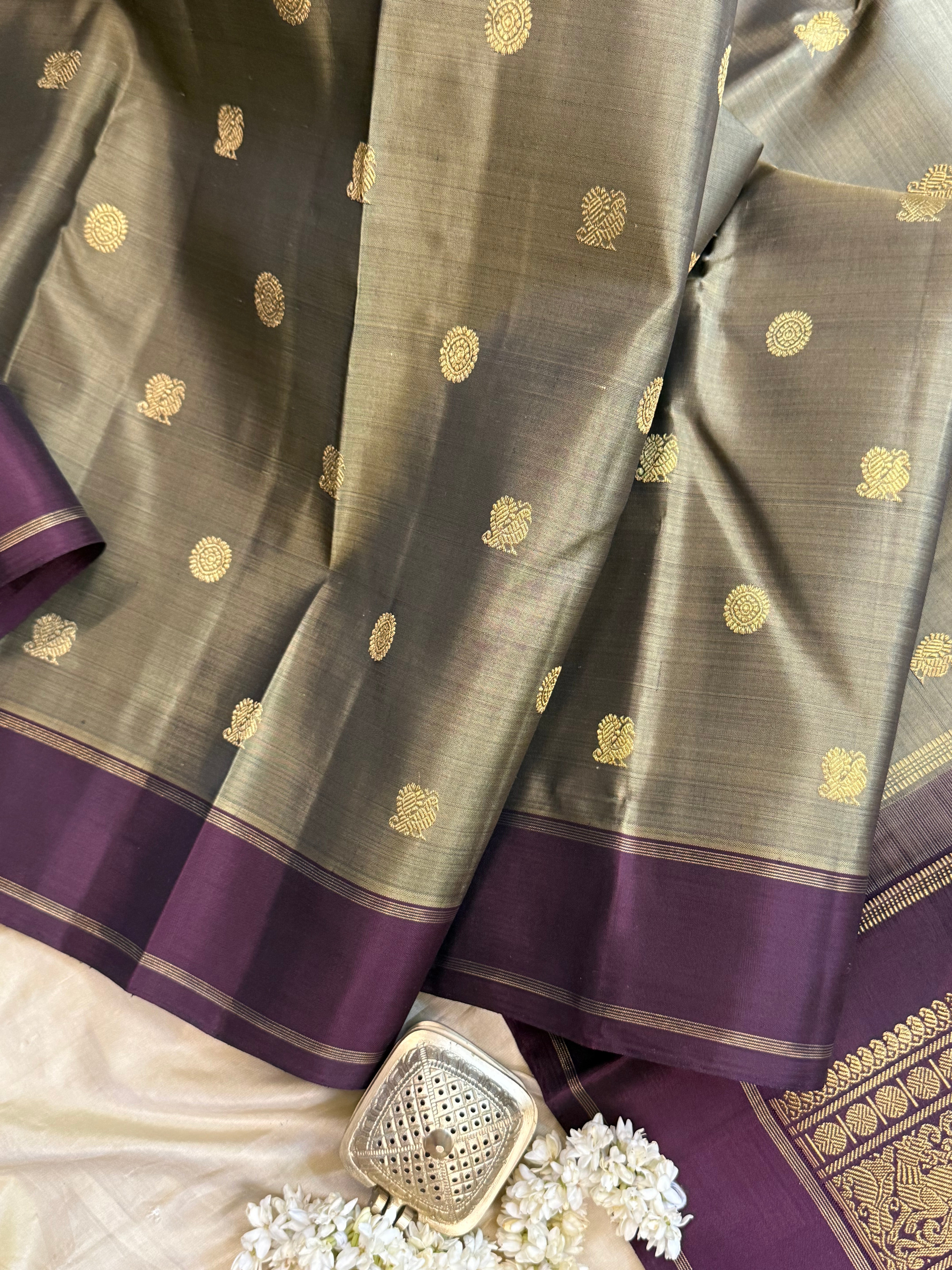 Deep olive and burgundy/ Kanjipuram silk