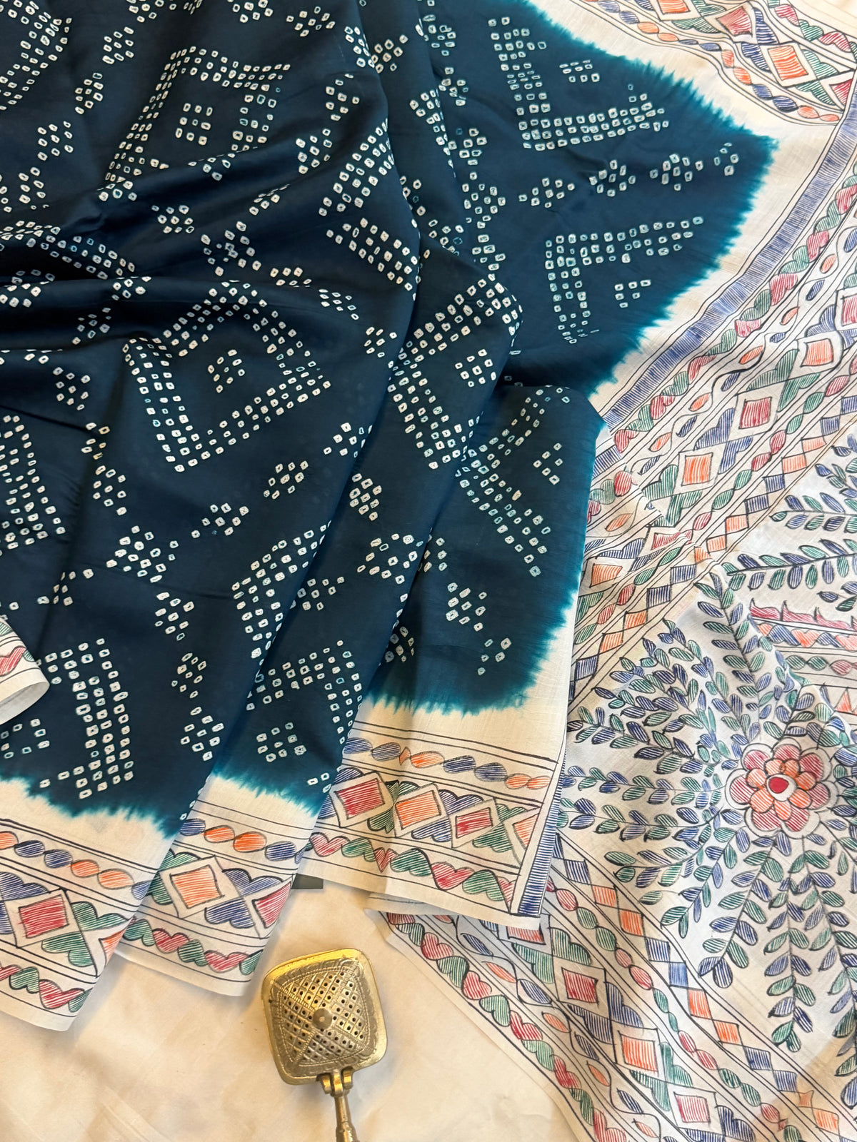 Blue Bandhini with Madhubani work in silk