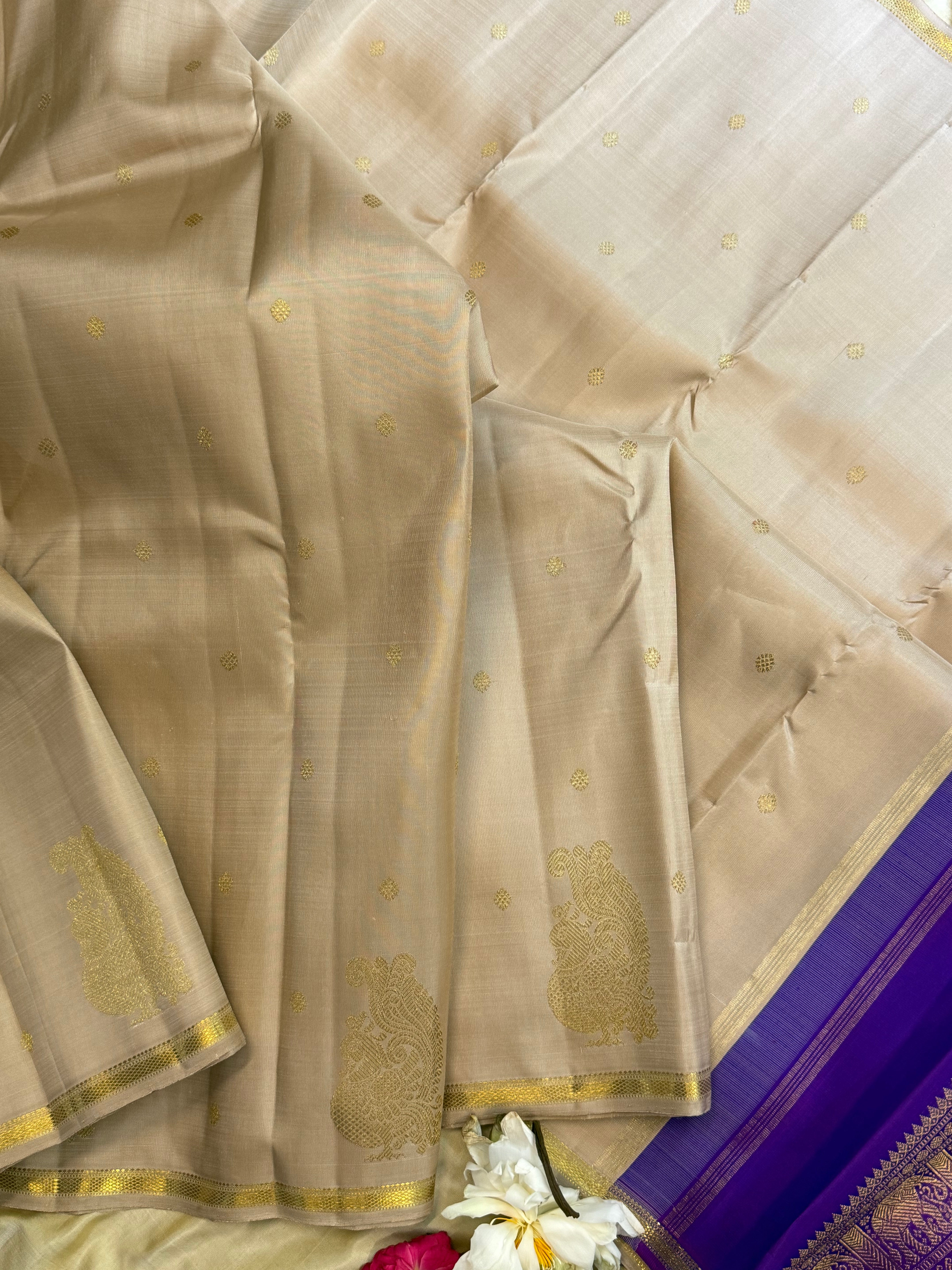 Beige bettu butta and purple/ Kanjipuram silk