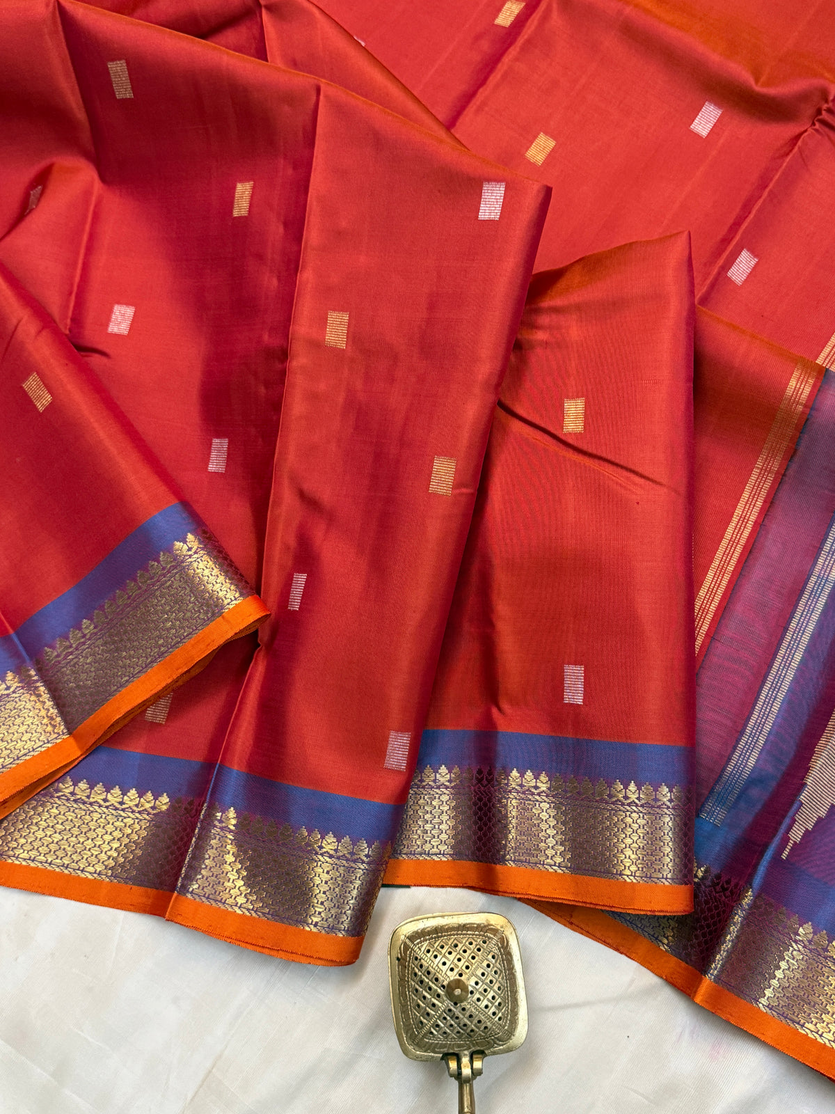 Rust Orange with silver and gold pure Zari butta/ kanjipuram silk saree