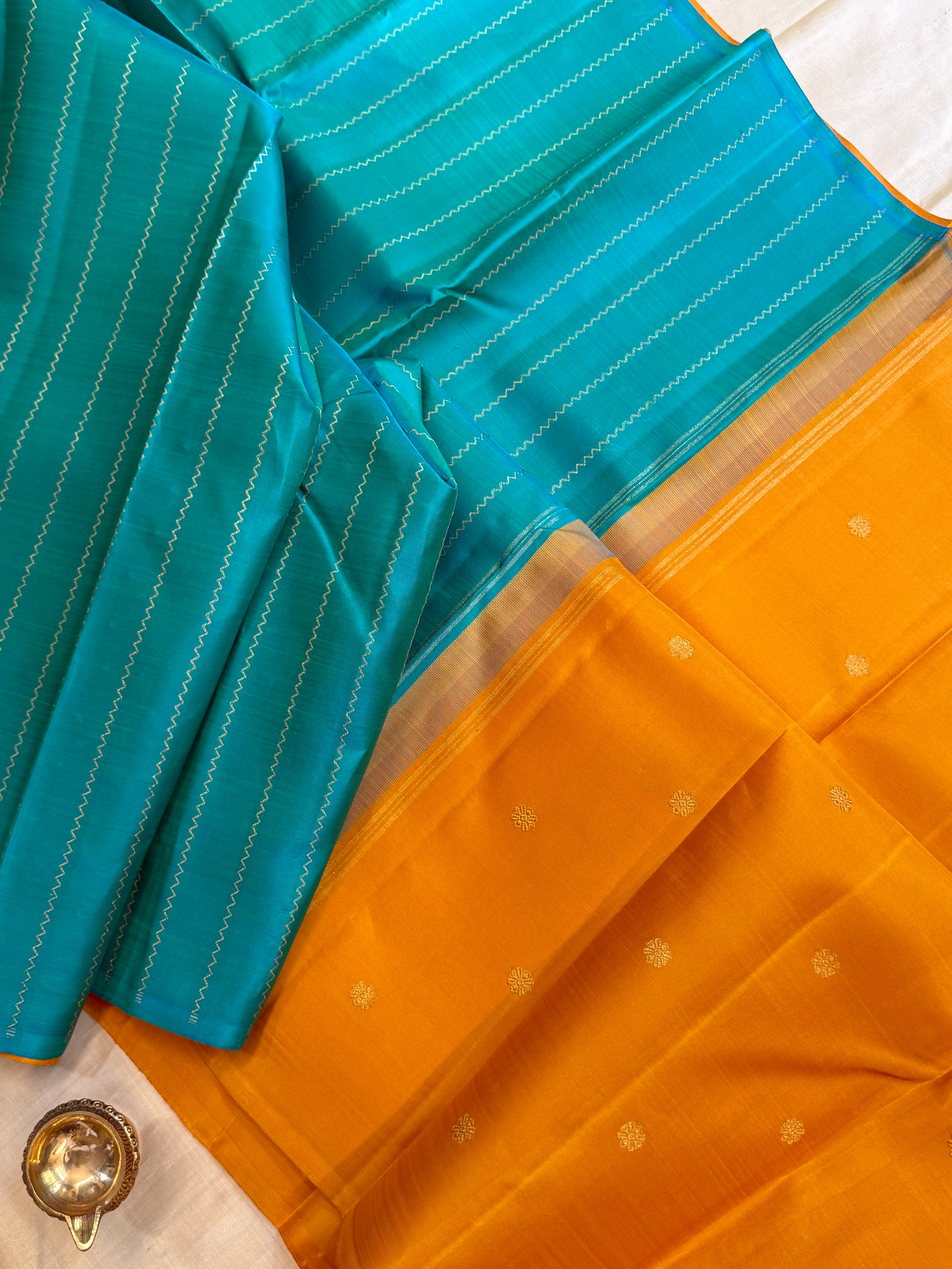 Partly pallu yellow and turquoise blue/ kanjipuram silk