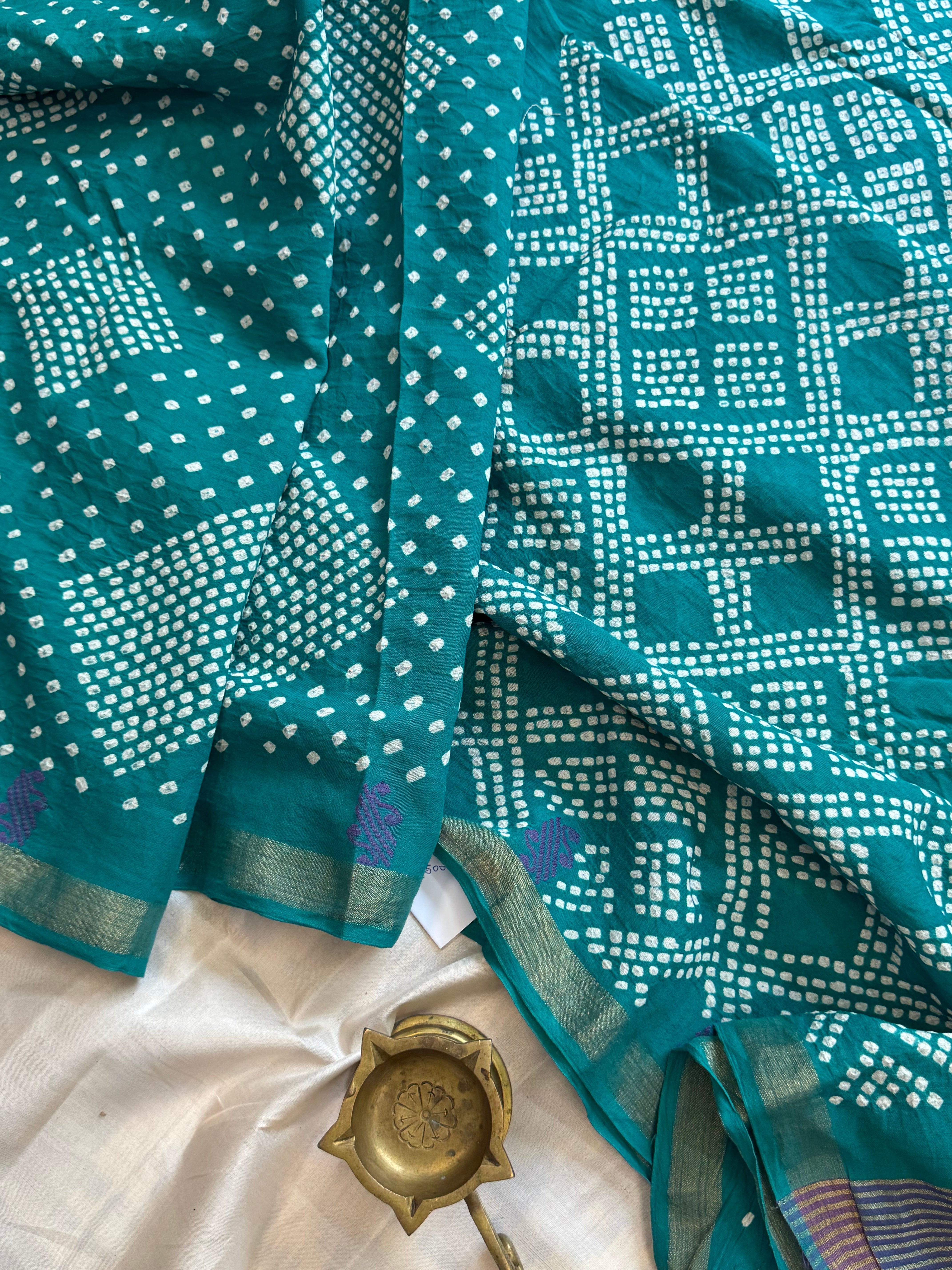 Sea green cotton Bandhini saree