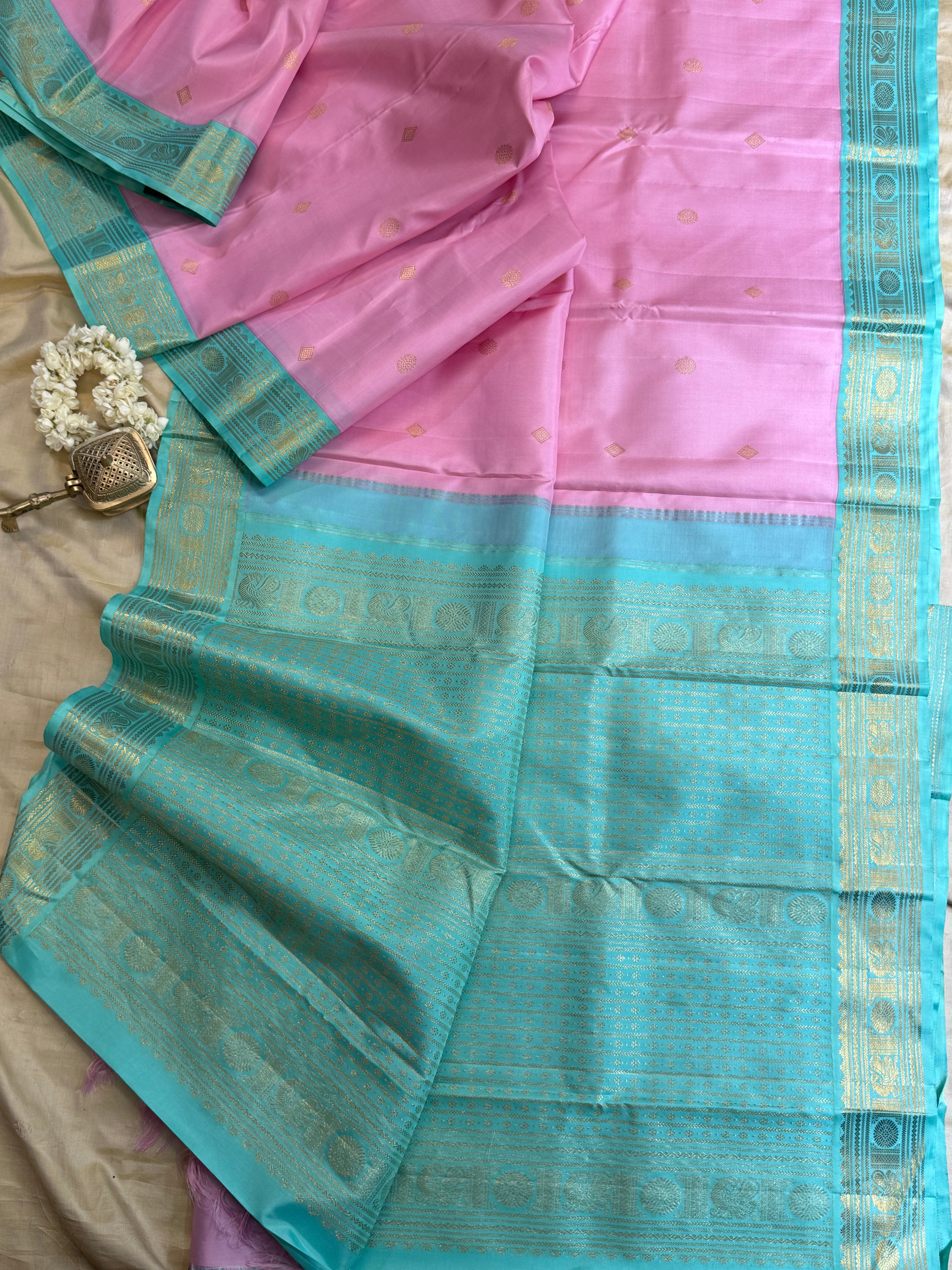 Pink and turquoise blue korvai / Arani Silk CL10108