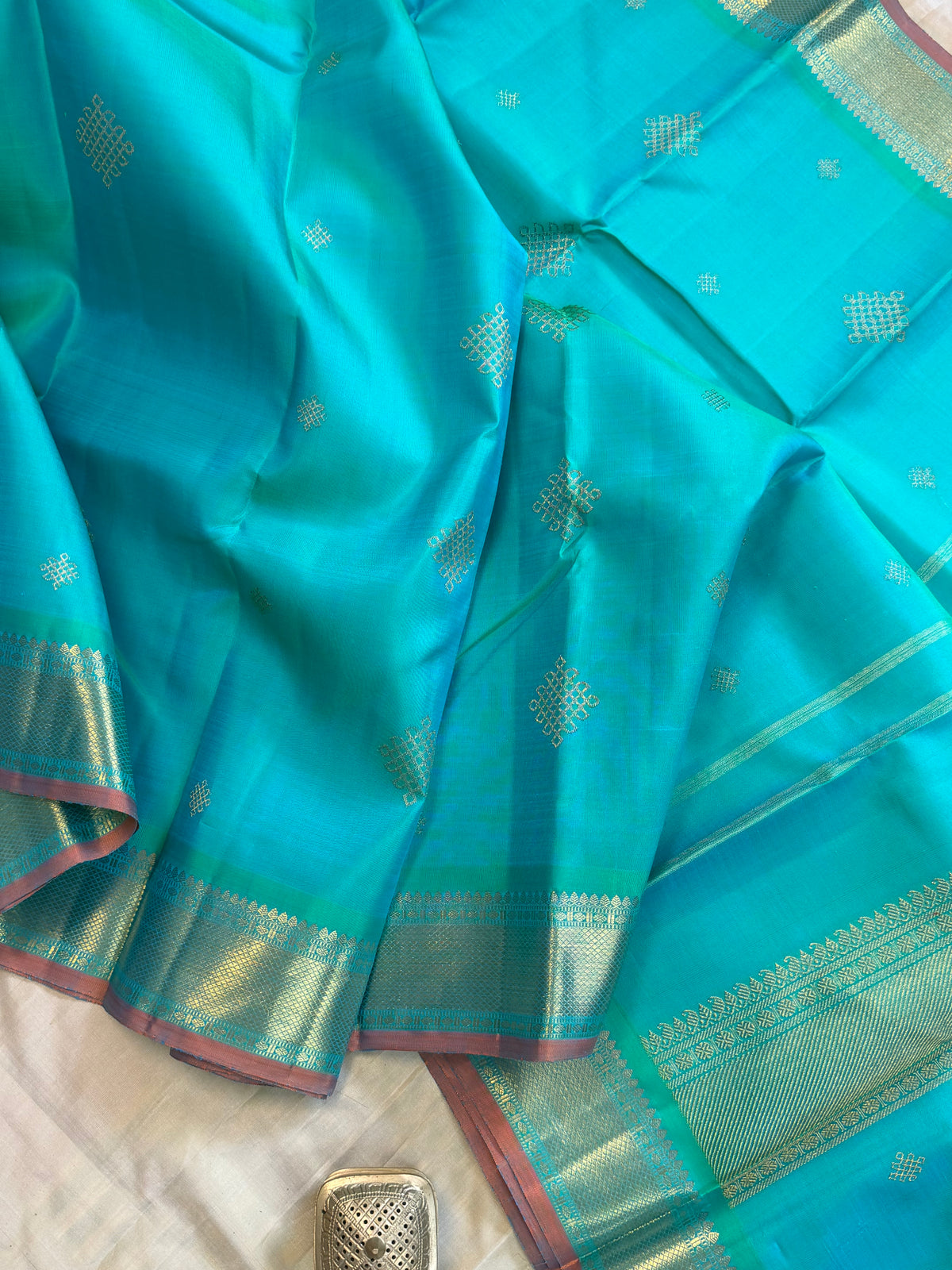 Sea green Kolam Butta pure Kanjipuram silk