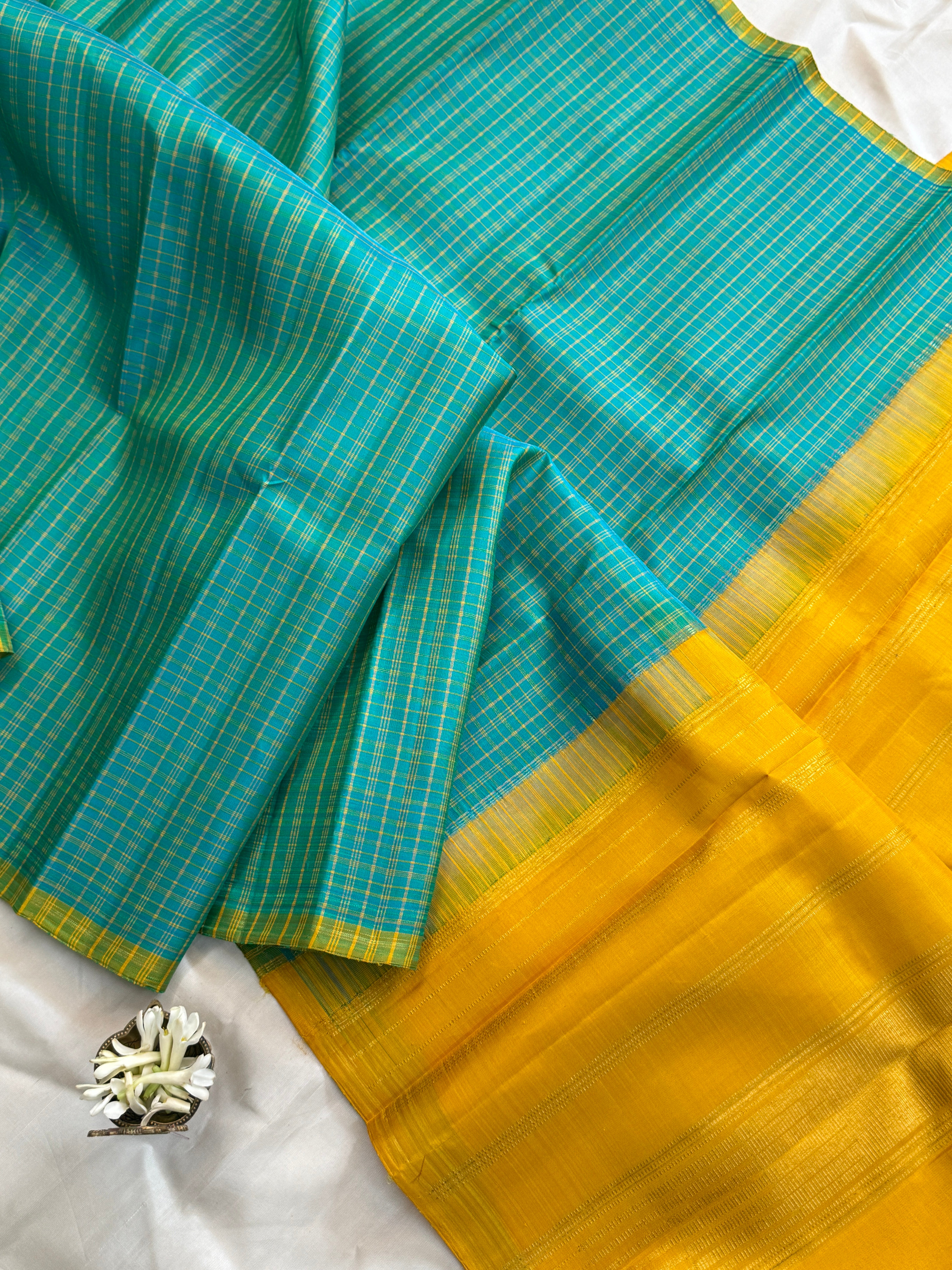 Green and mustard kattam borderless/ Kanjipuram silk CLSA10923