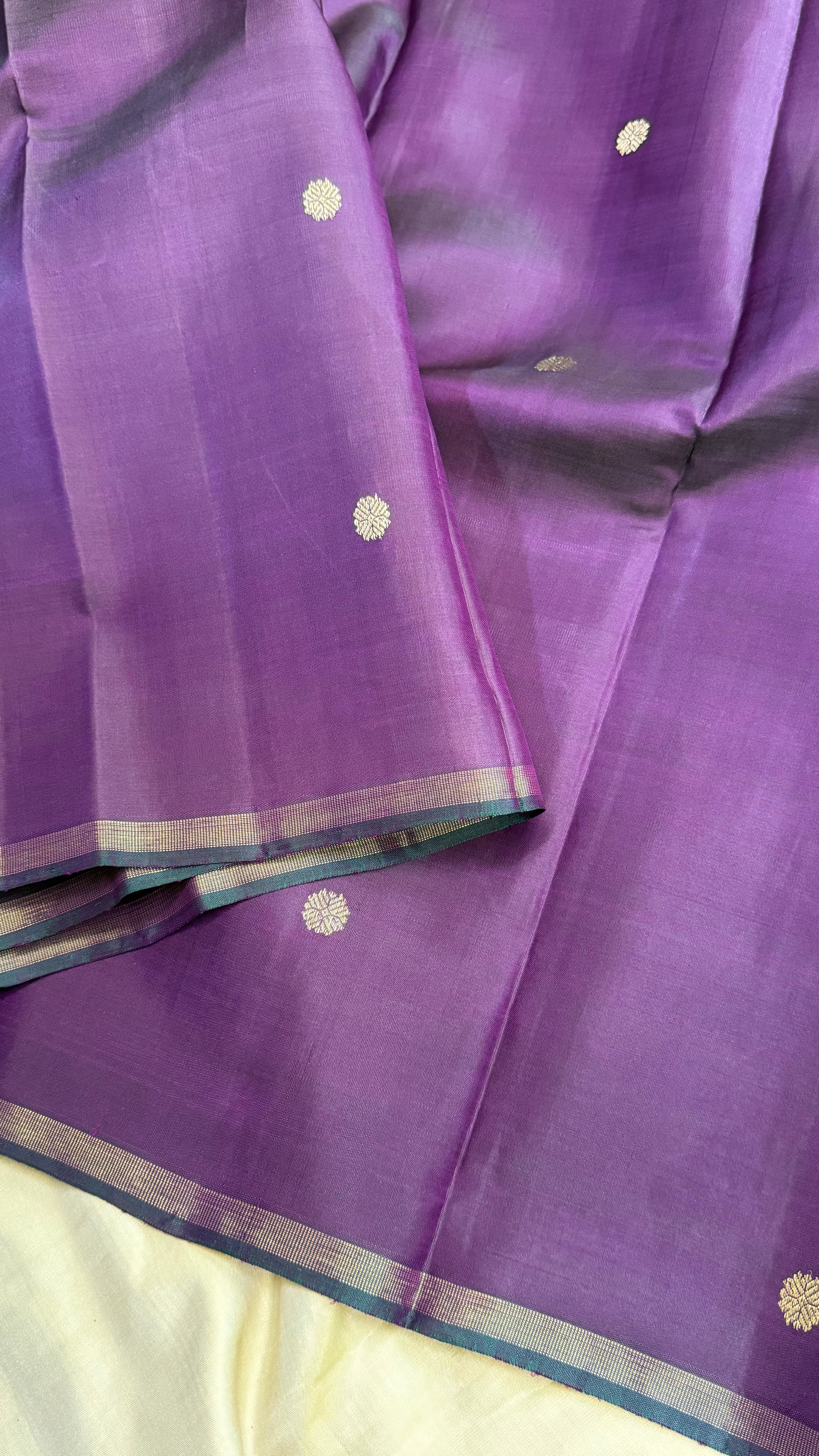 Deep purple and rama green borderless/ Kanjipuram silk