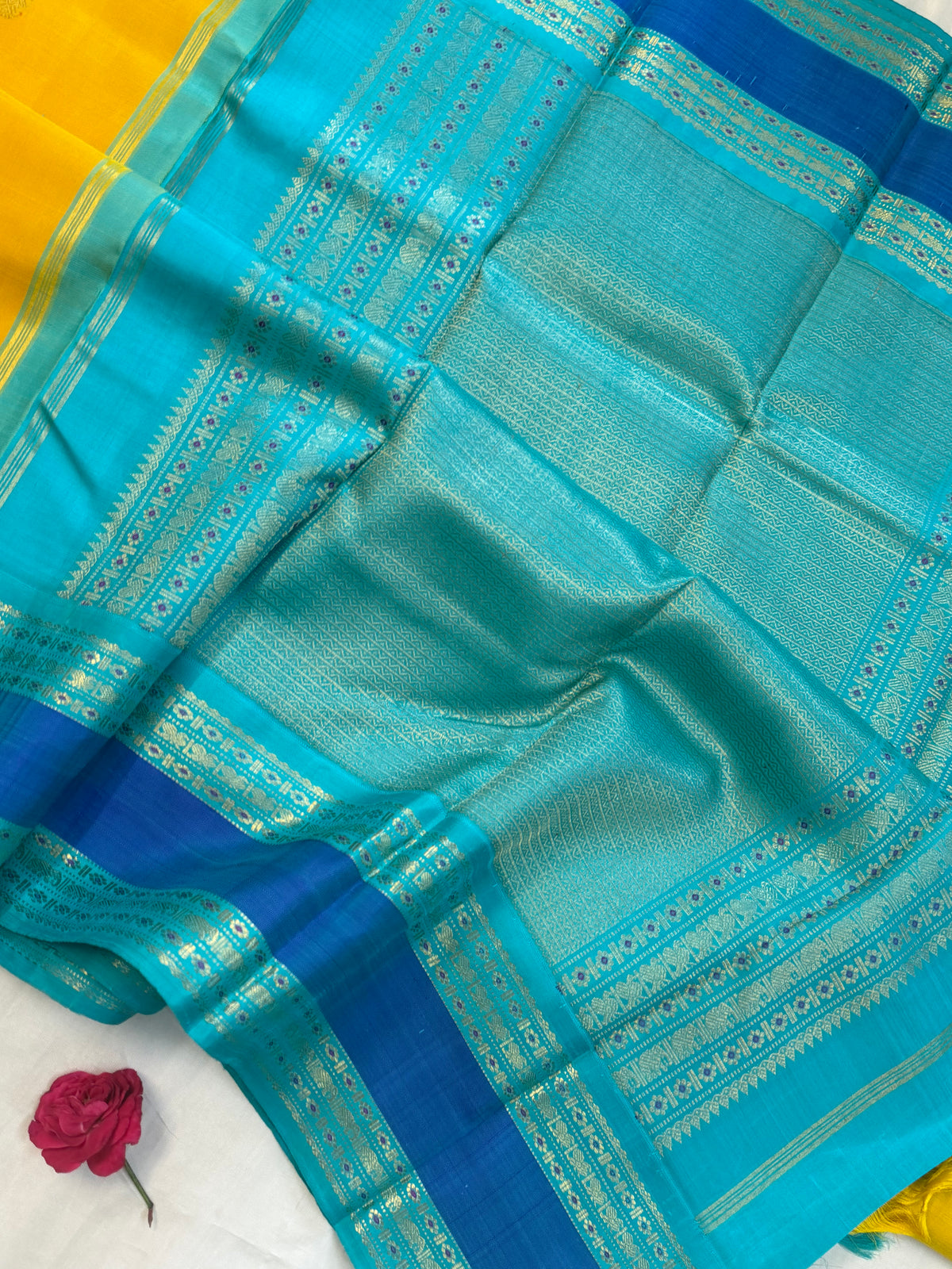 Yellow - Day 1 Navarthri colour pure Zari Kanjipuram silk /Banana yellow Korvai