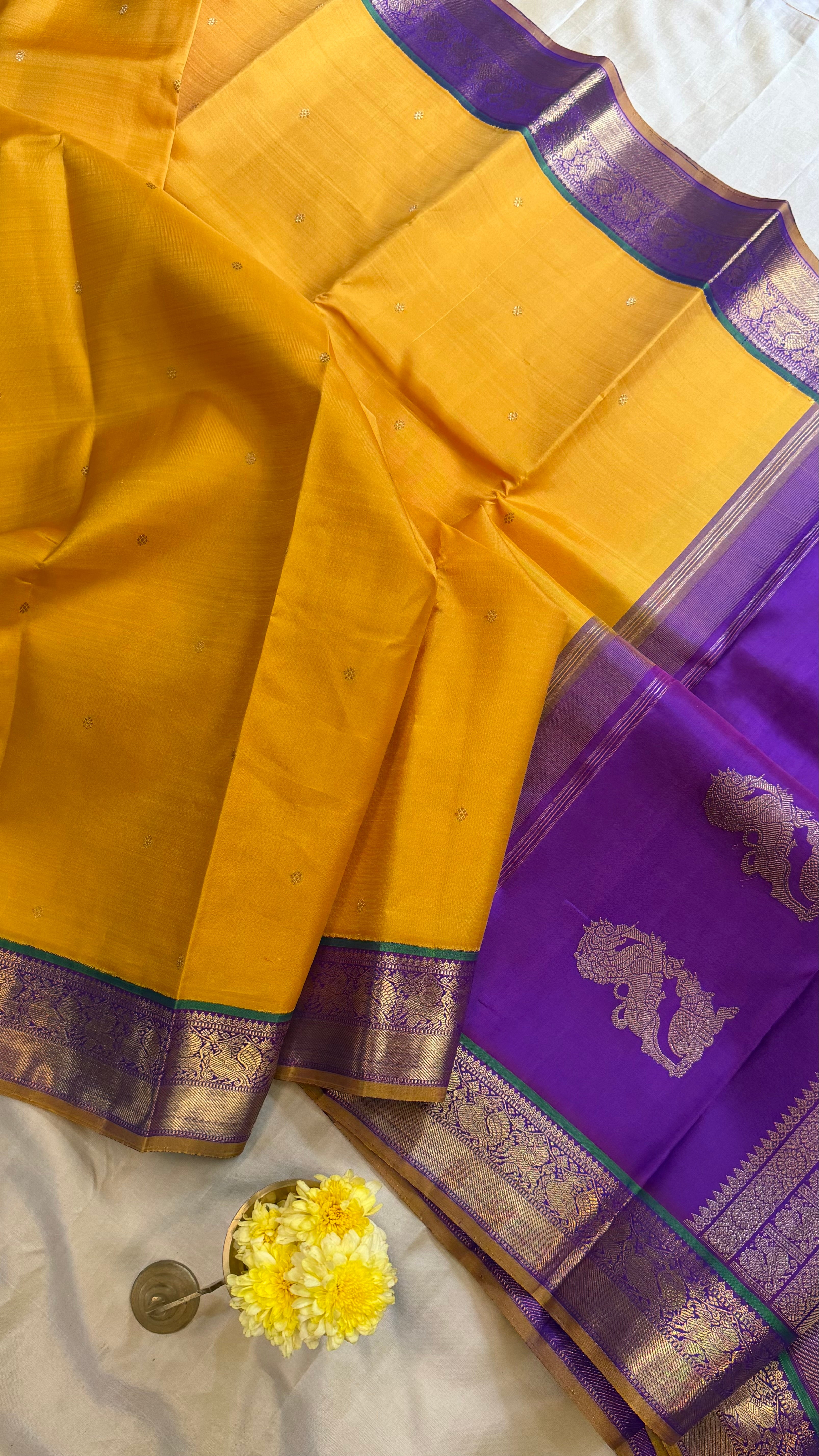Manjal and purple kai korvai/ kanjipuram silk