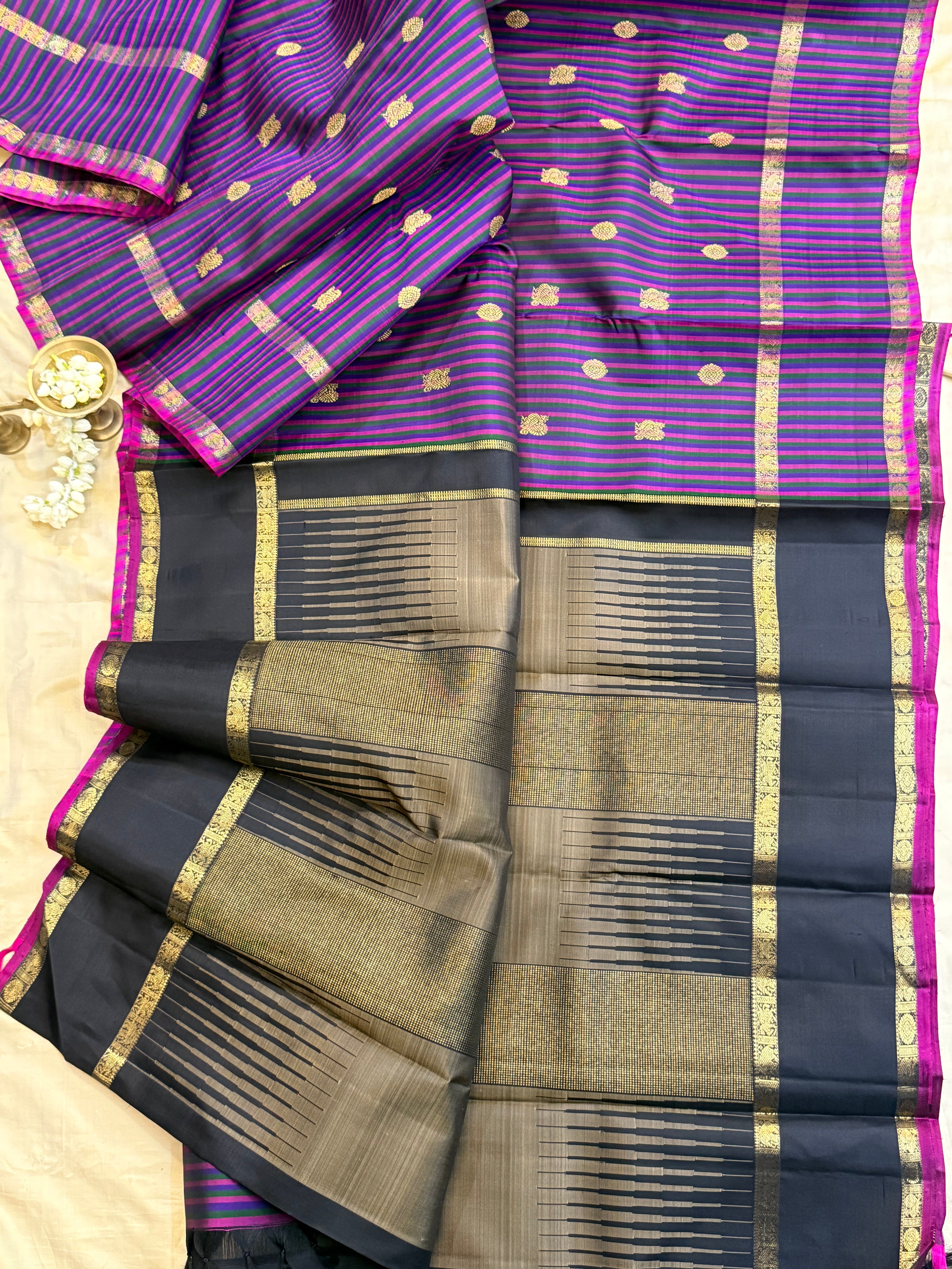 Deep purple multi colored stripes annam and chakram butta/ Kanjipuram silk