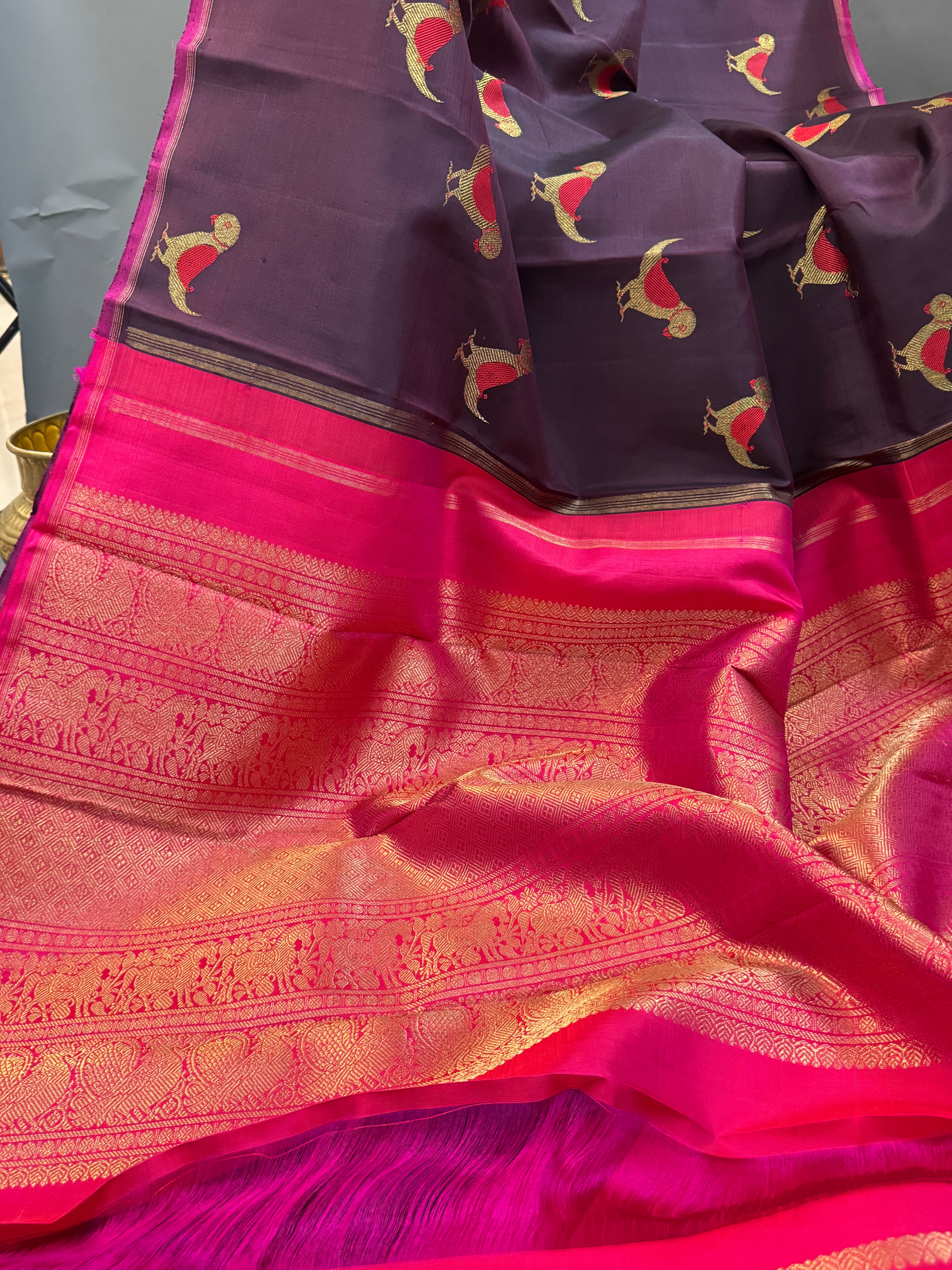 Paaku Meena work bird Butta Borderless kanjipuram silk saree