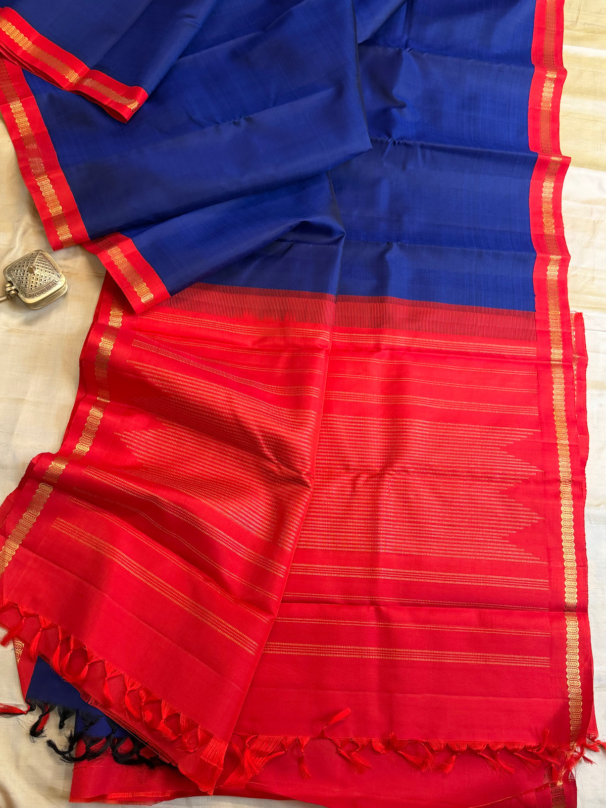 Blue and red Korvai pure Zari /Kanjipuram silk saree