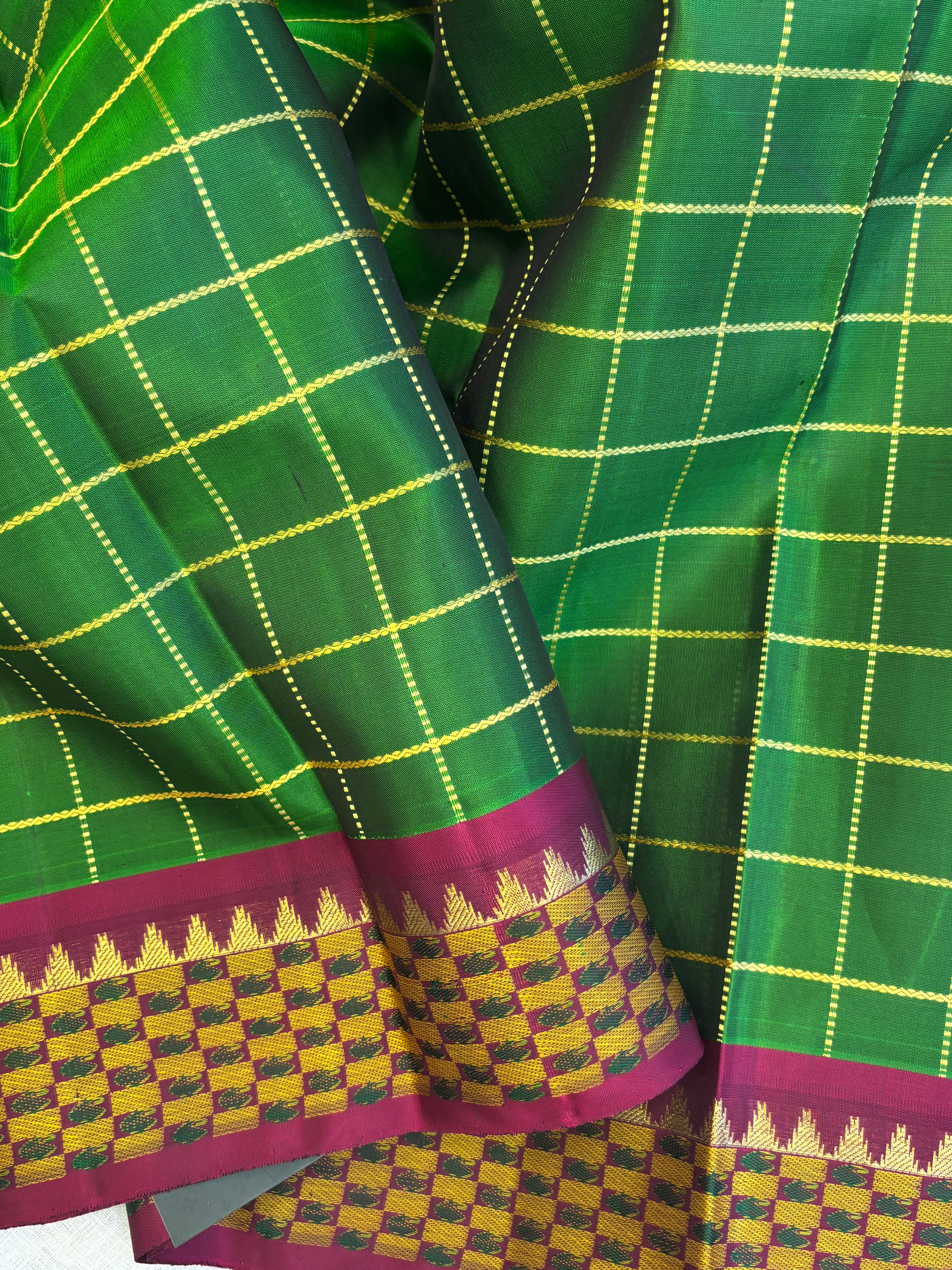 Green checks vintage border / kanjipuram silk