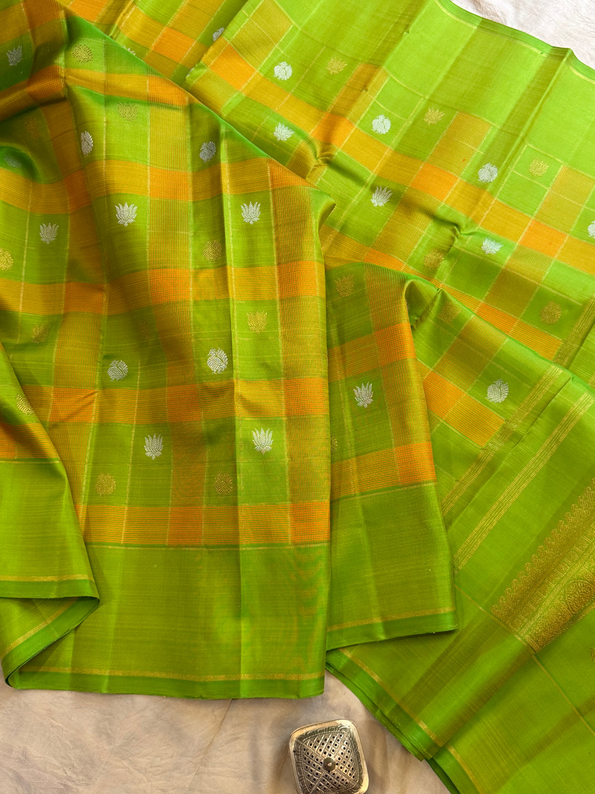 Lime green Chettinad Kattam - pure Zari Kanjipuram silk