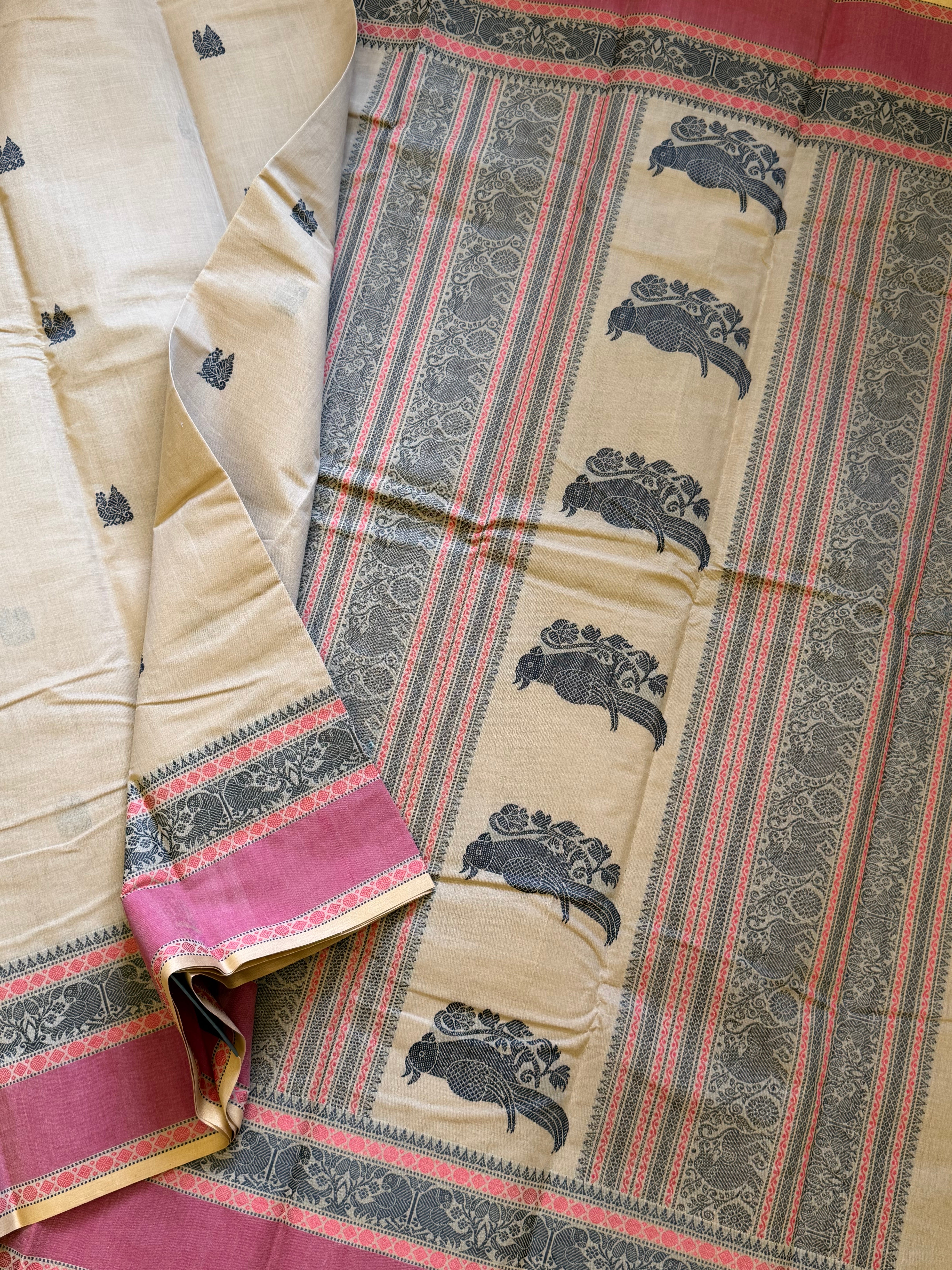 Cream off white Jodi peacock pet / Kanchi cotton