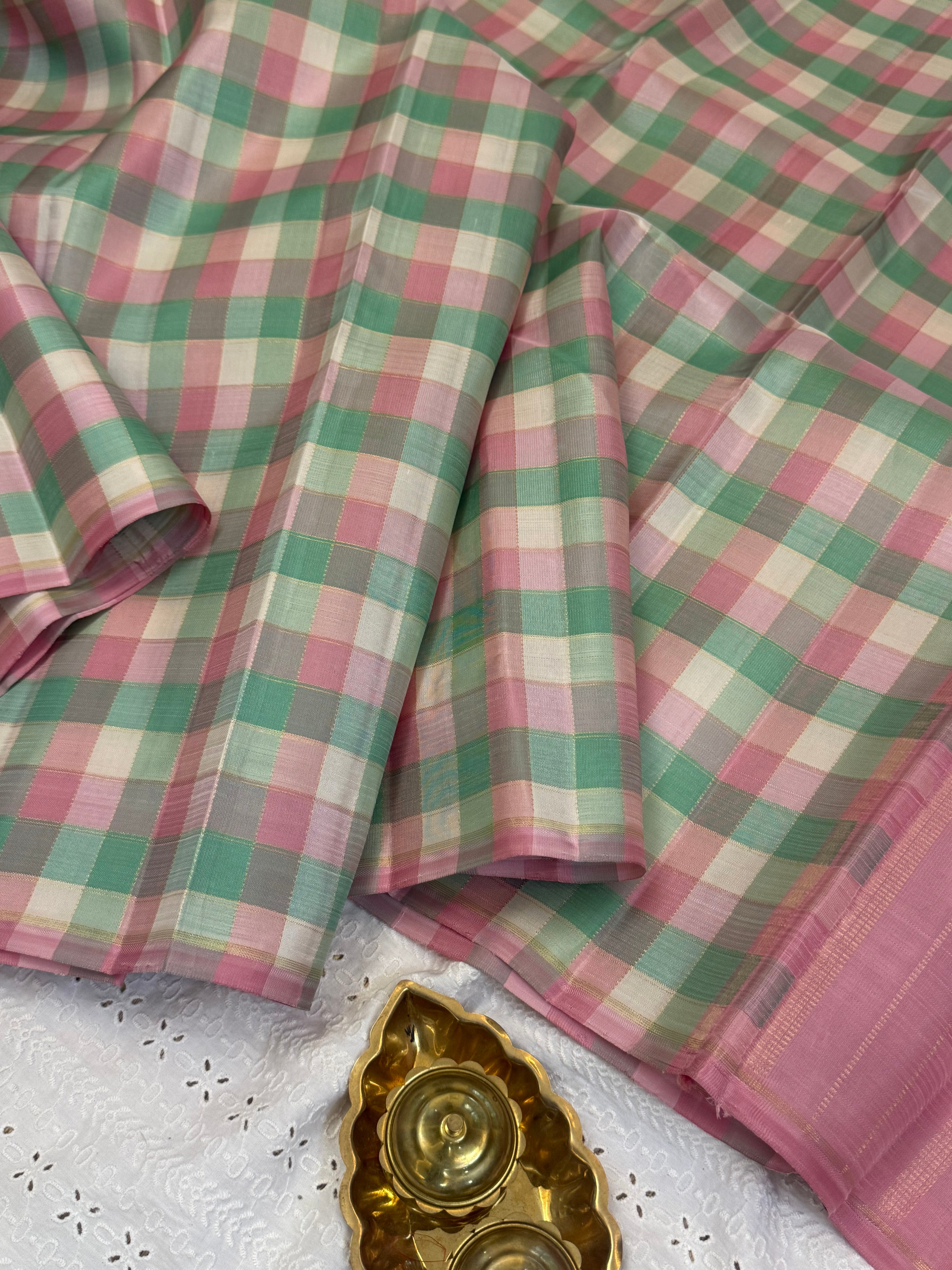 Multicolour checks unique Zari line / border less kanjipuram silk saree CLSA 10498