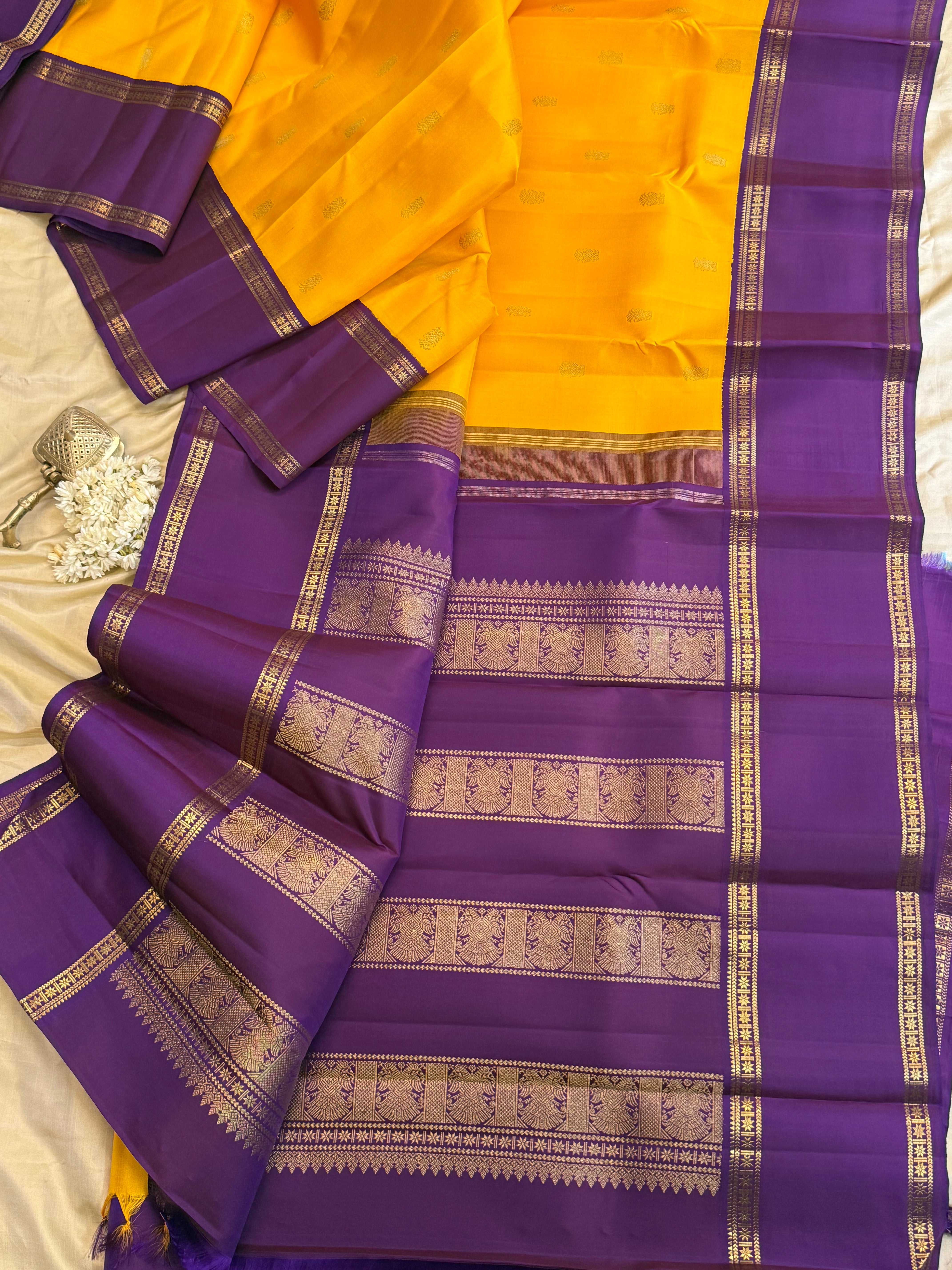 Manjal and purple rettapet border kai korvai/ Kanjipuram silk