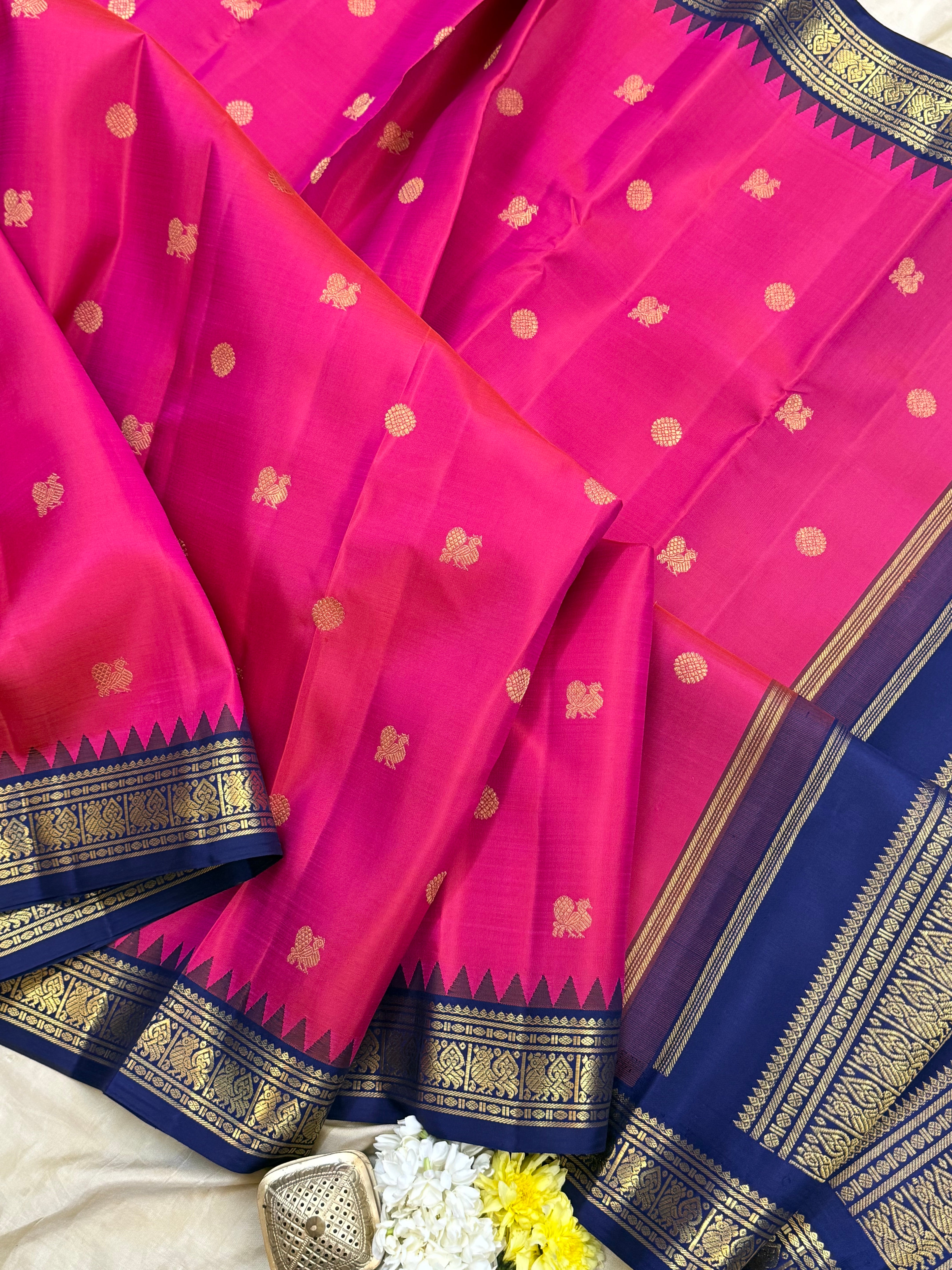 PINK WITH NAVY BLUE SMALL TEMPLE KORVAI/ KANJIPURAM SILK CLSA 10375