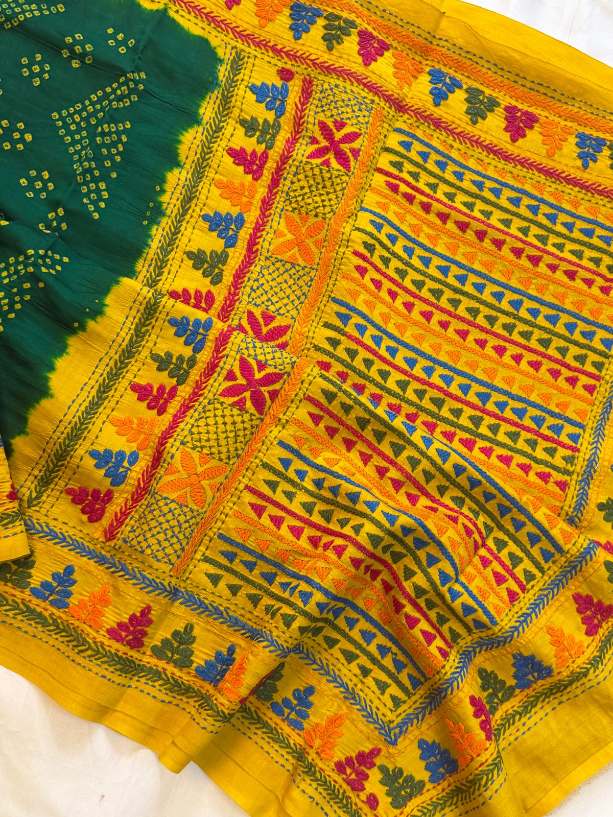 Green Bandhini with Kantha work in silk