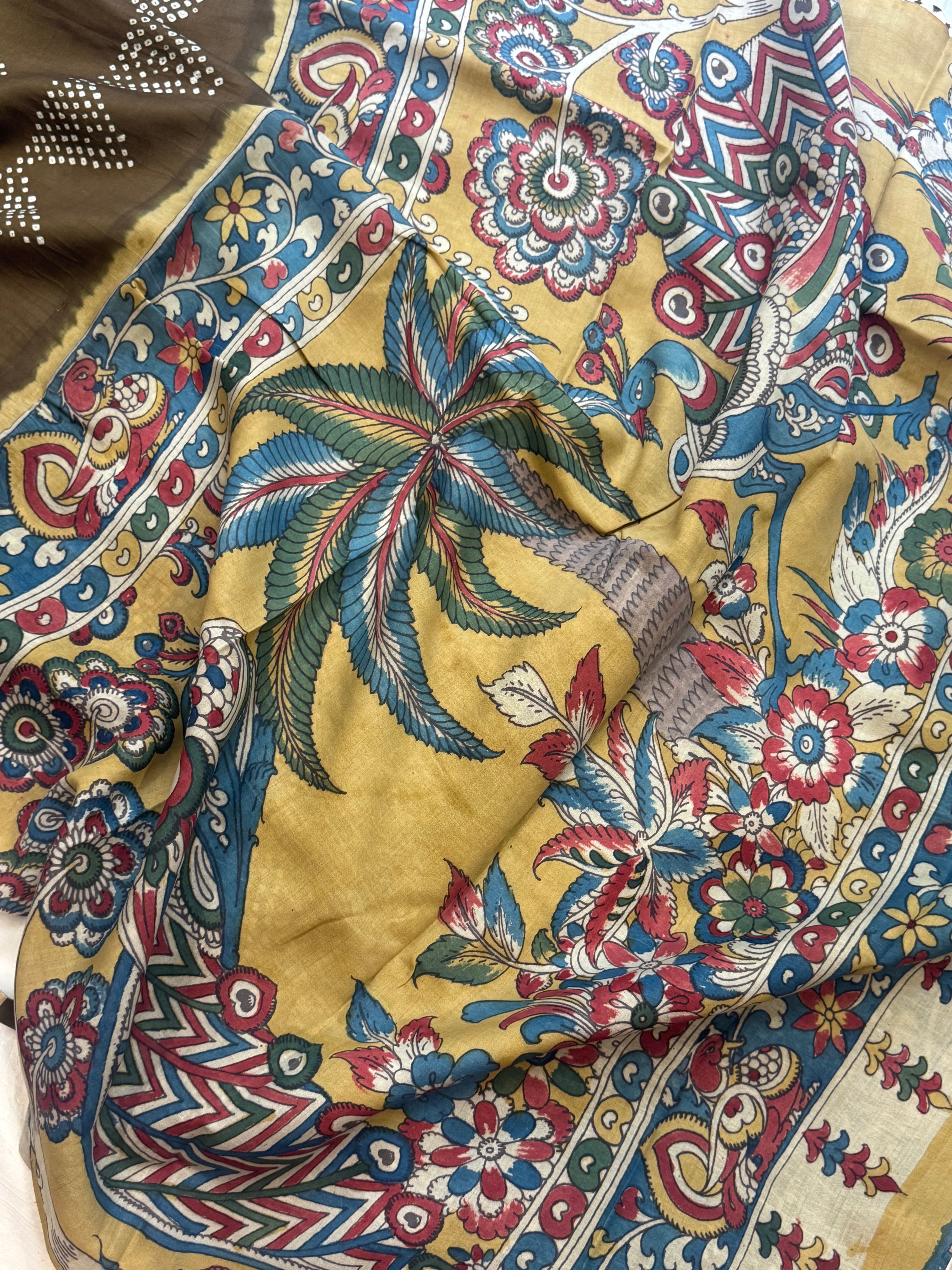 shaded gharchola Tussar Kalamkari Palla was / Bandhini saree