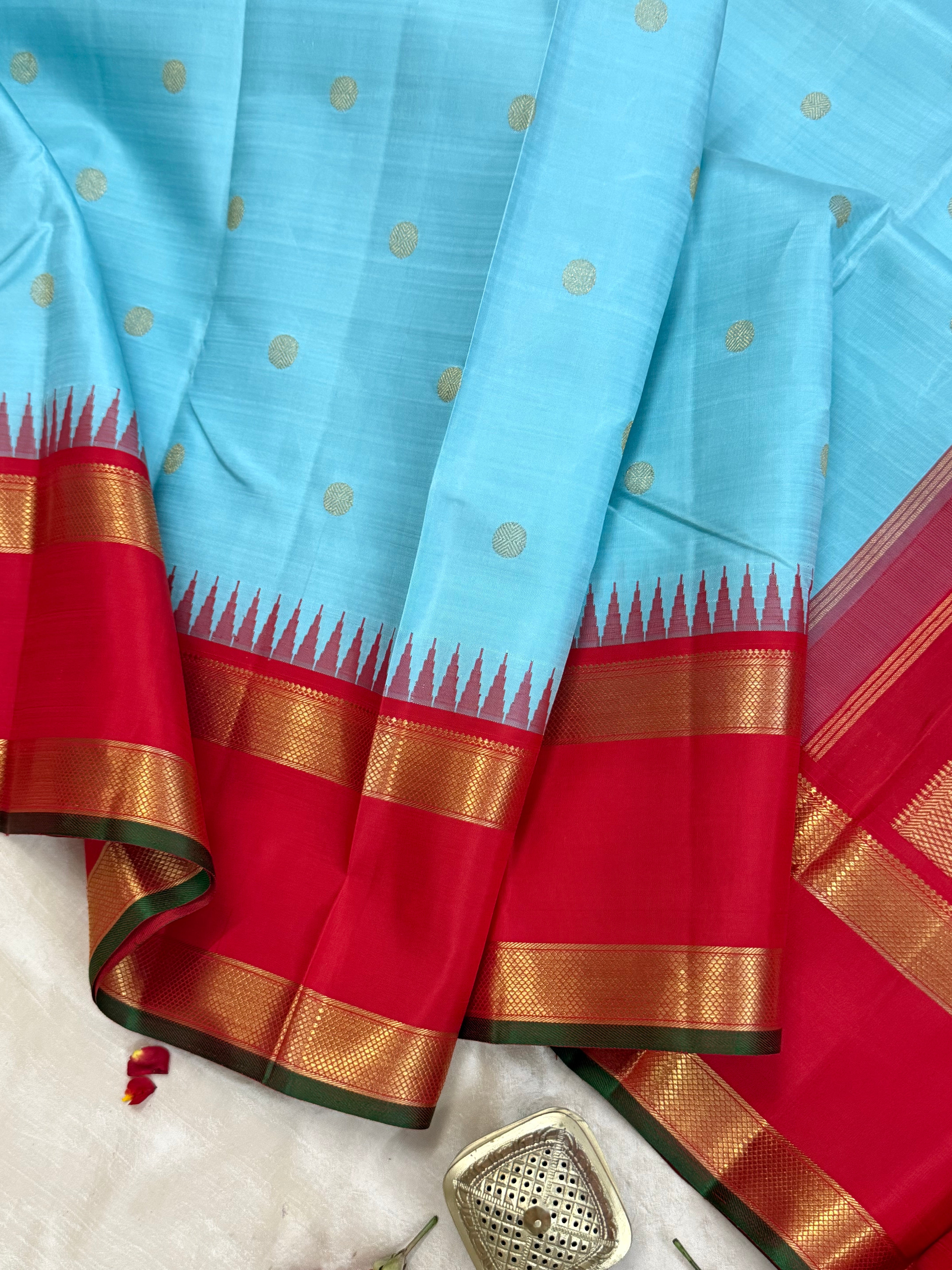 Sky blue and Red rettapet border kai korvai/ Kanjipuram silk