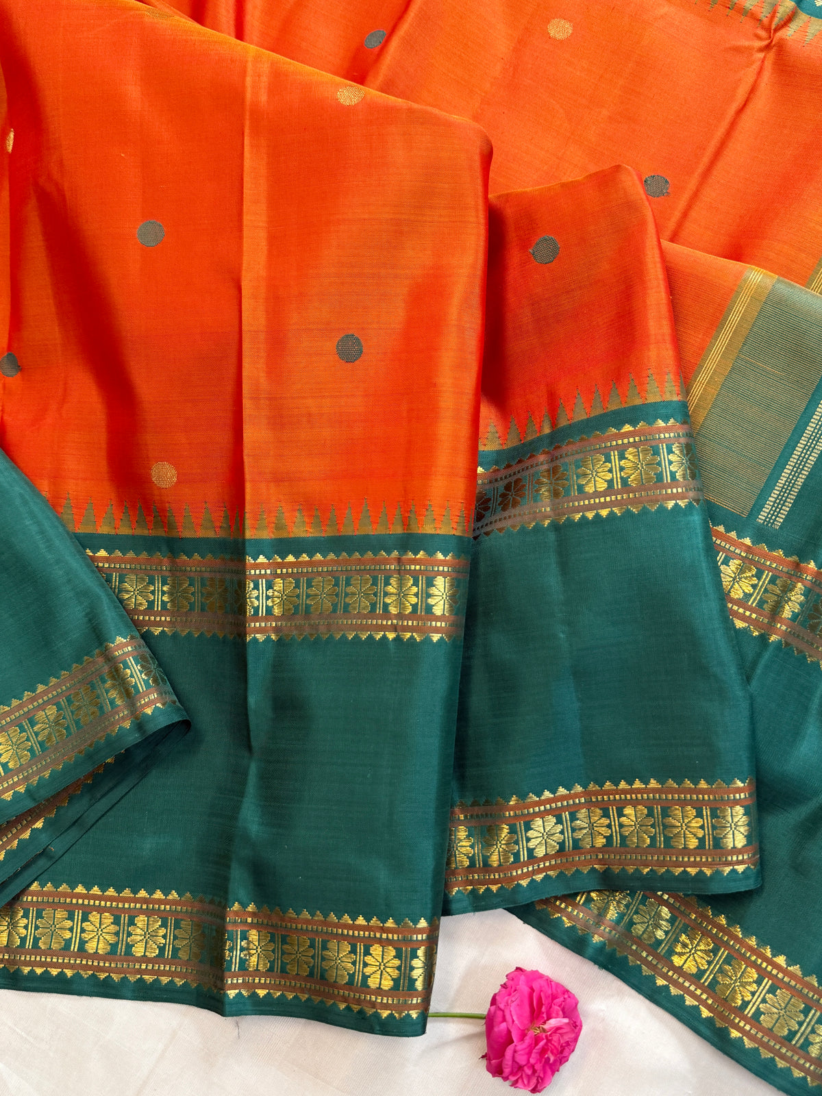 Rustic orange coin thread and zari butta on body with Retta pet / Kanjipuram silk CLSA11599