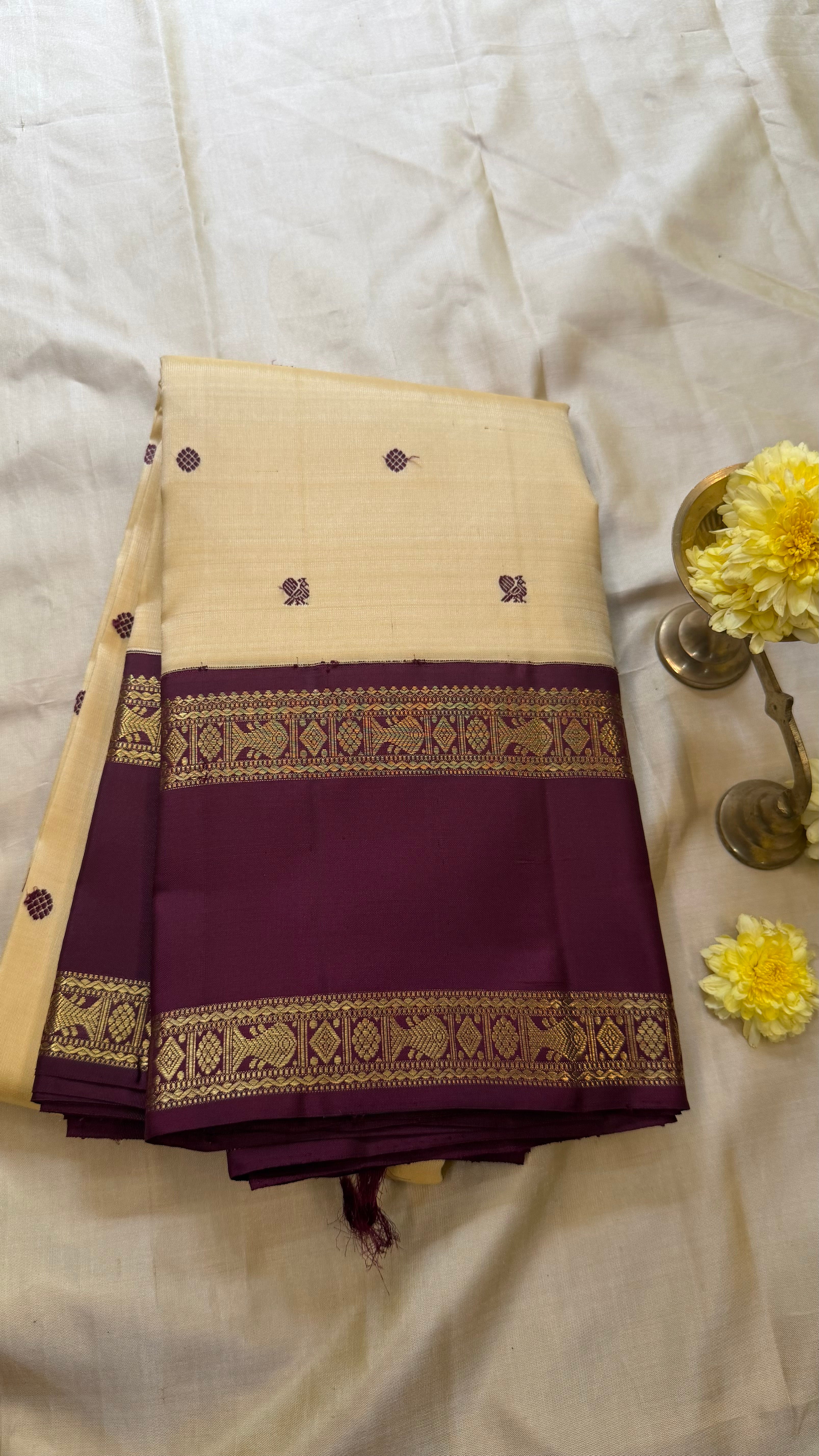 Off sandal and brown rettapet border kai korvai/ kanjipuram silk