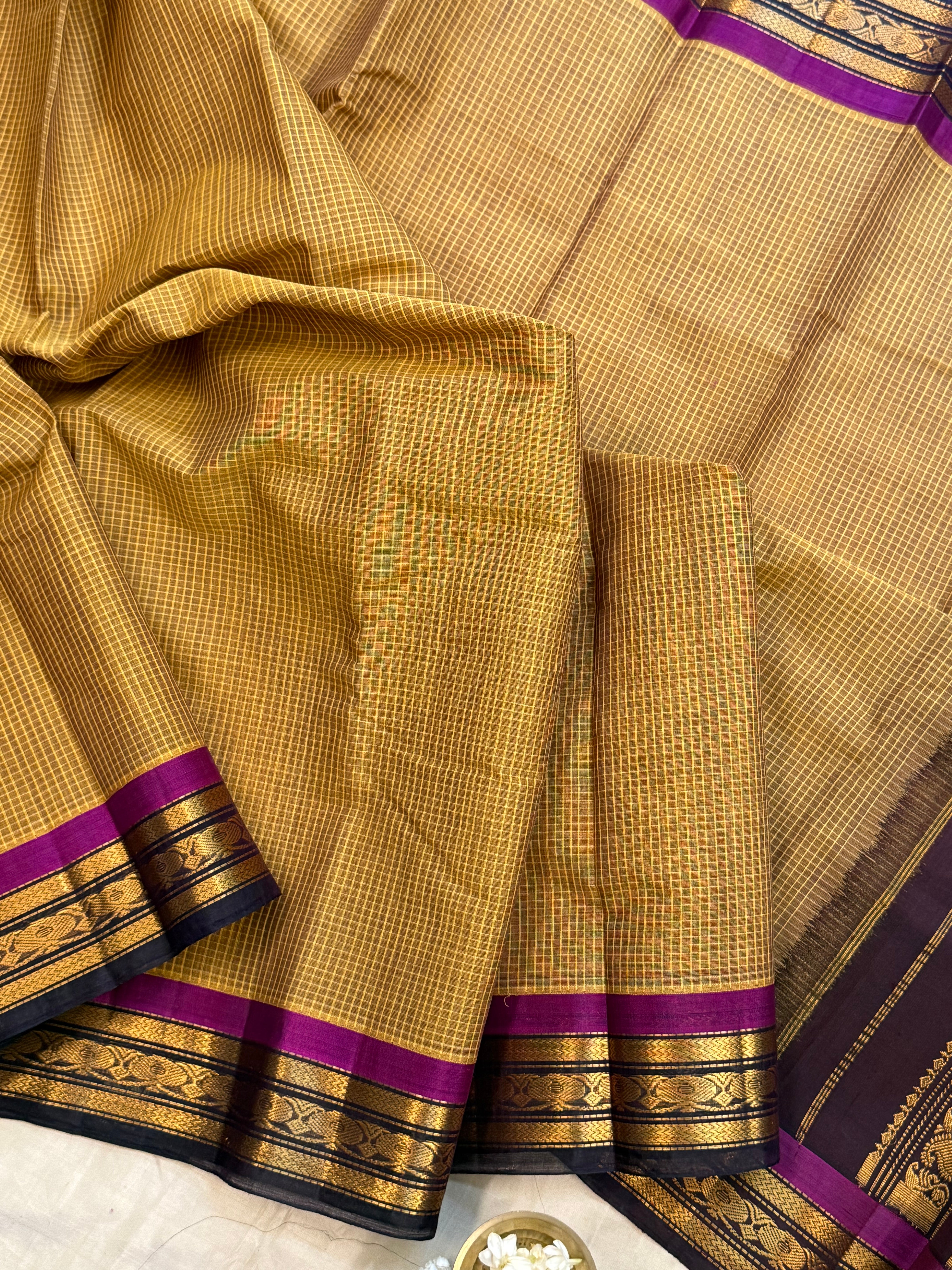 Mustard yellow and deep purple korvai / Gadwal cotton ( No Blouse)