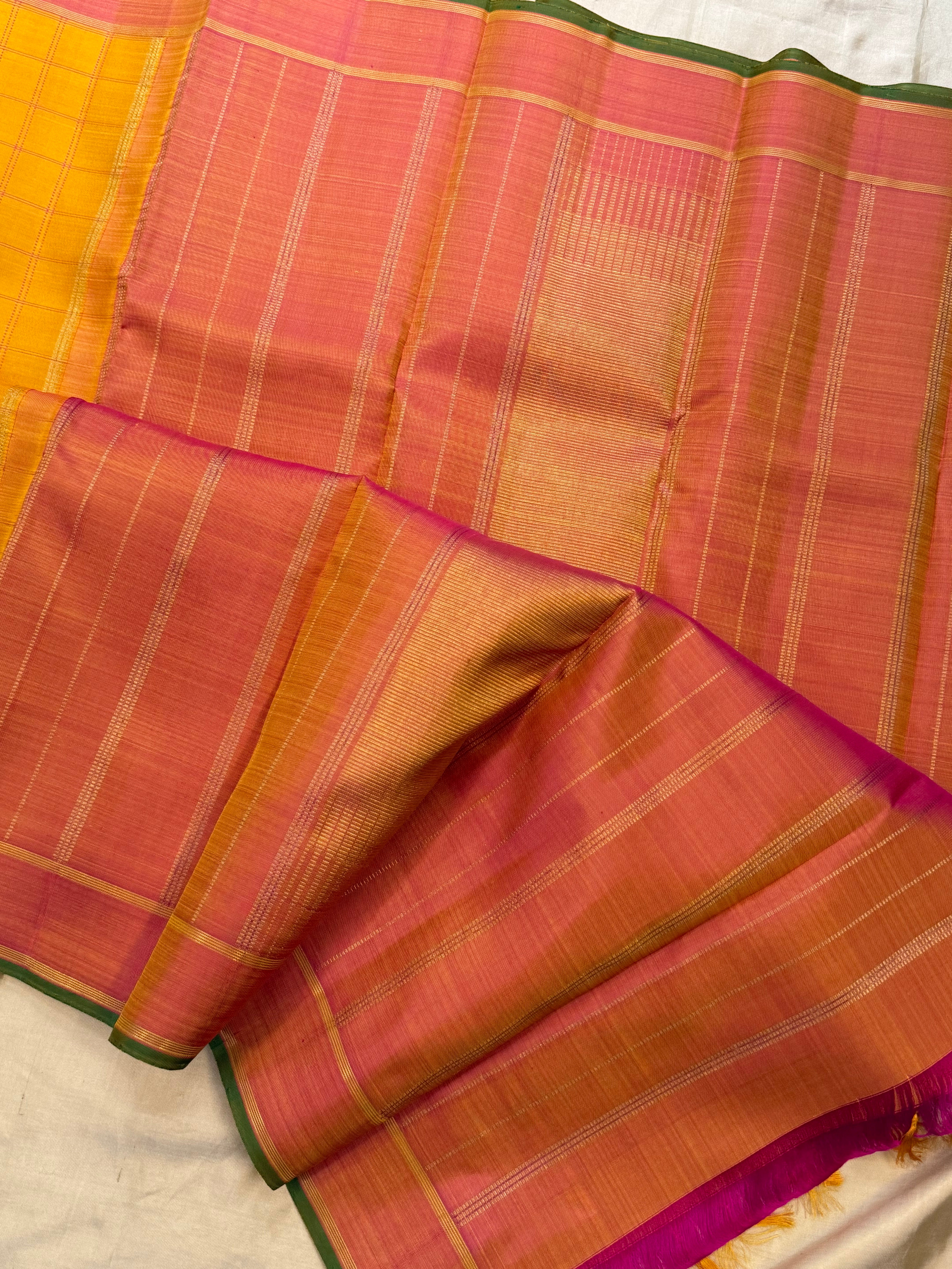 Golden mustard yellow - pink checks/ Kanjipuram silk CL9800