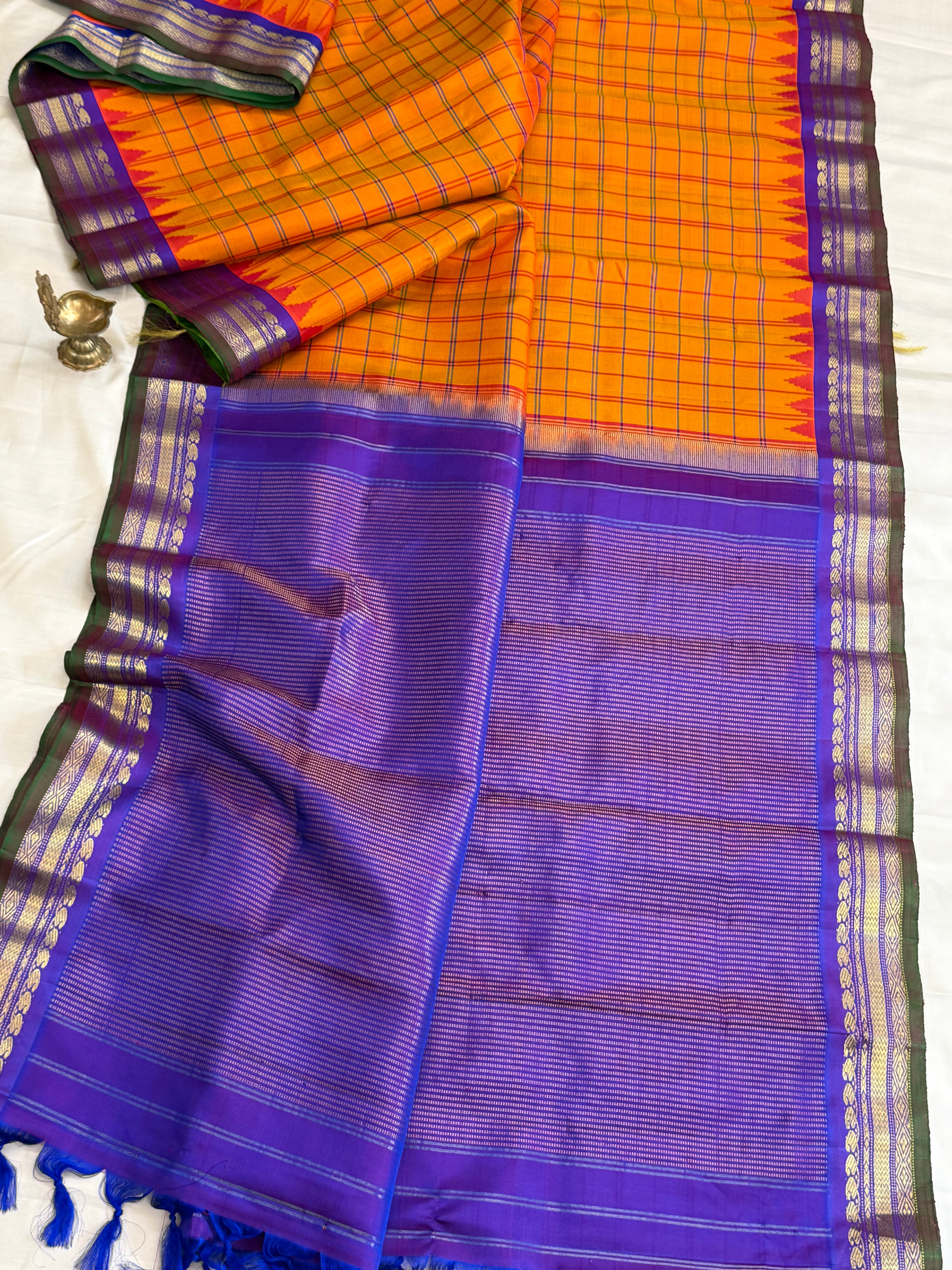 Mango yellow body checks with purple border/ Gadwal silk CLSA11287