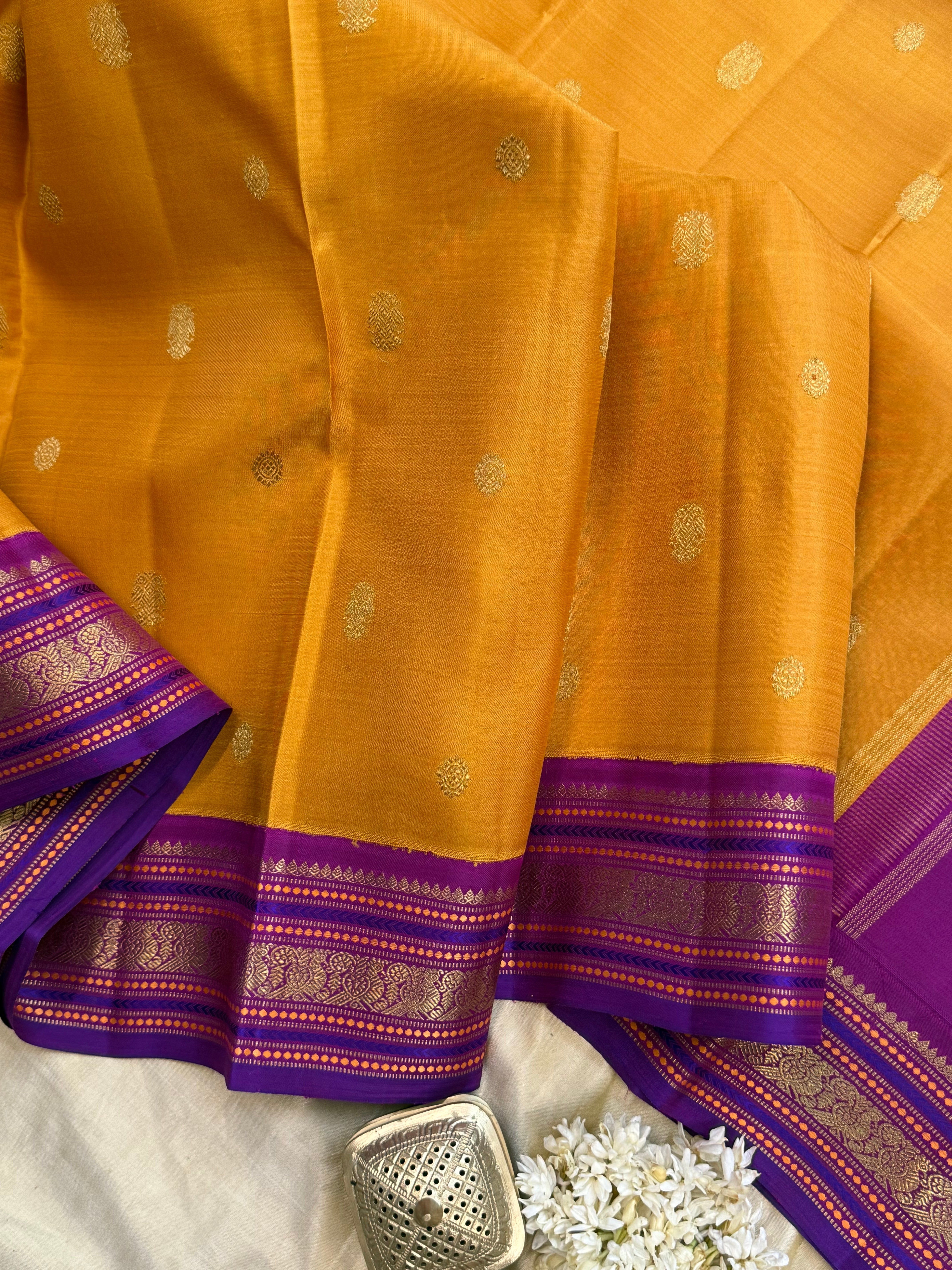 Mustard yellow and purple kai korvai/ Kanjipuram silk