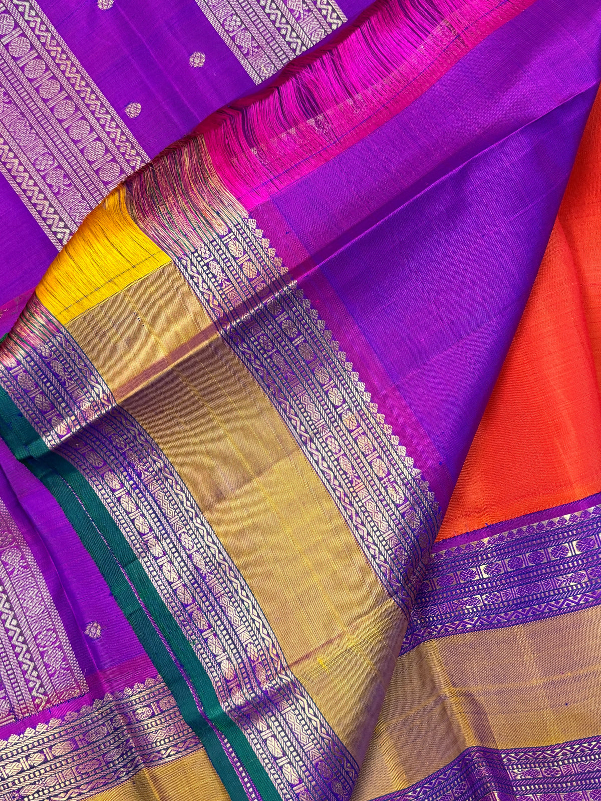 Navarathri - Day 5 Orange Colour pure Zari butta Rettapet Korvai /Kanjipuram silk sree Clsa4987