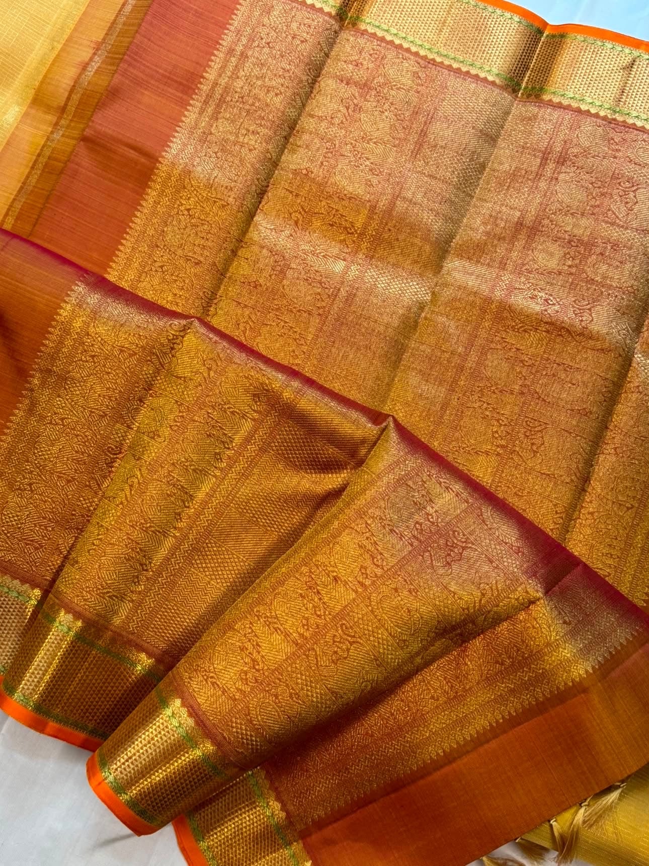 Golden yellow pure Zari Kattam / kanjipuram silk saree CLSA 10356