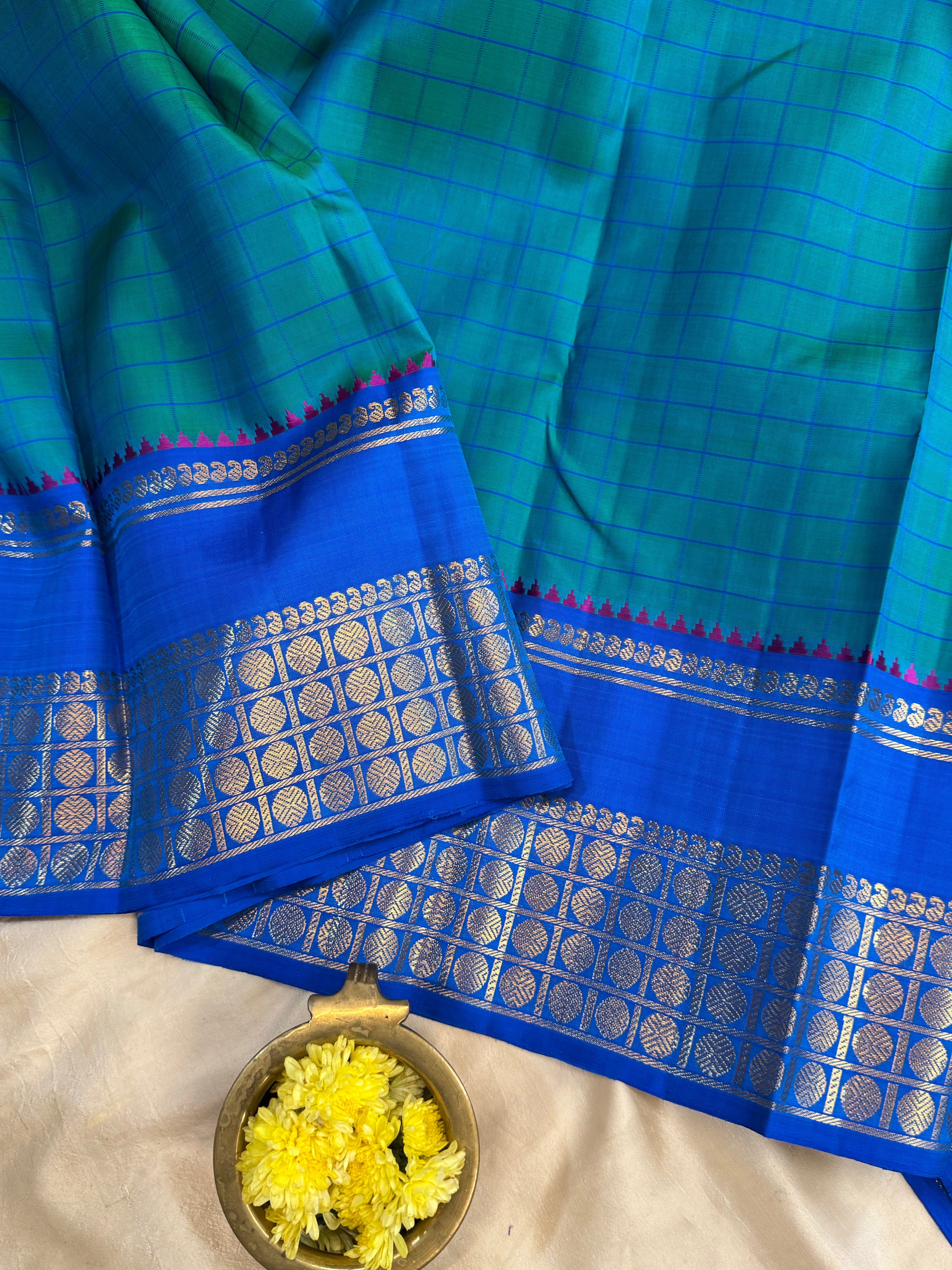 Nichyathartham edit : sea blue varisapet kanjipuram silk